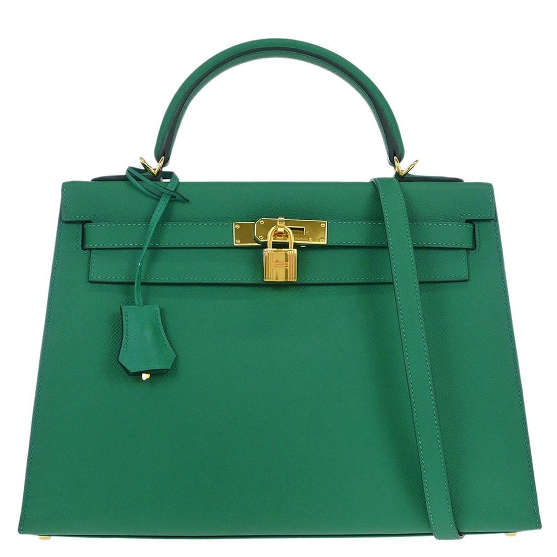 Hermes Kelly 32 Sellier Vert Vertigo Epsom Leather Green Top Handle Bag: Hermes Kelly 32 Sellier Vert Vertigo Epsom Leather Green Top Handle Bag This Hermes Kelly 32 Sellier handbag is crafted from green Epsom leather and features a structured top handle design with a turn