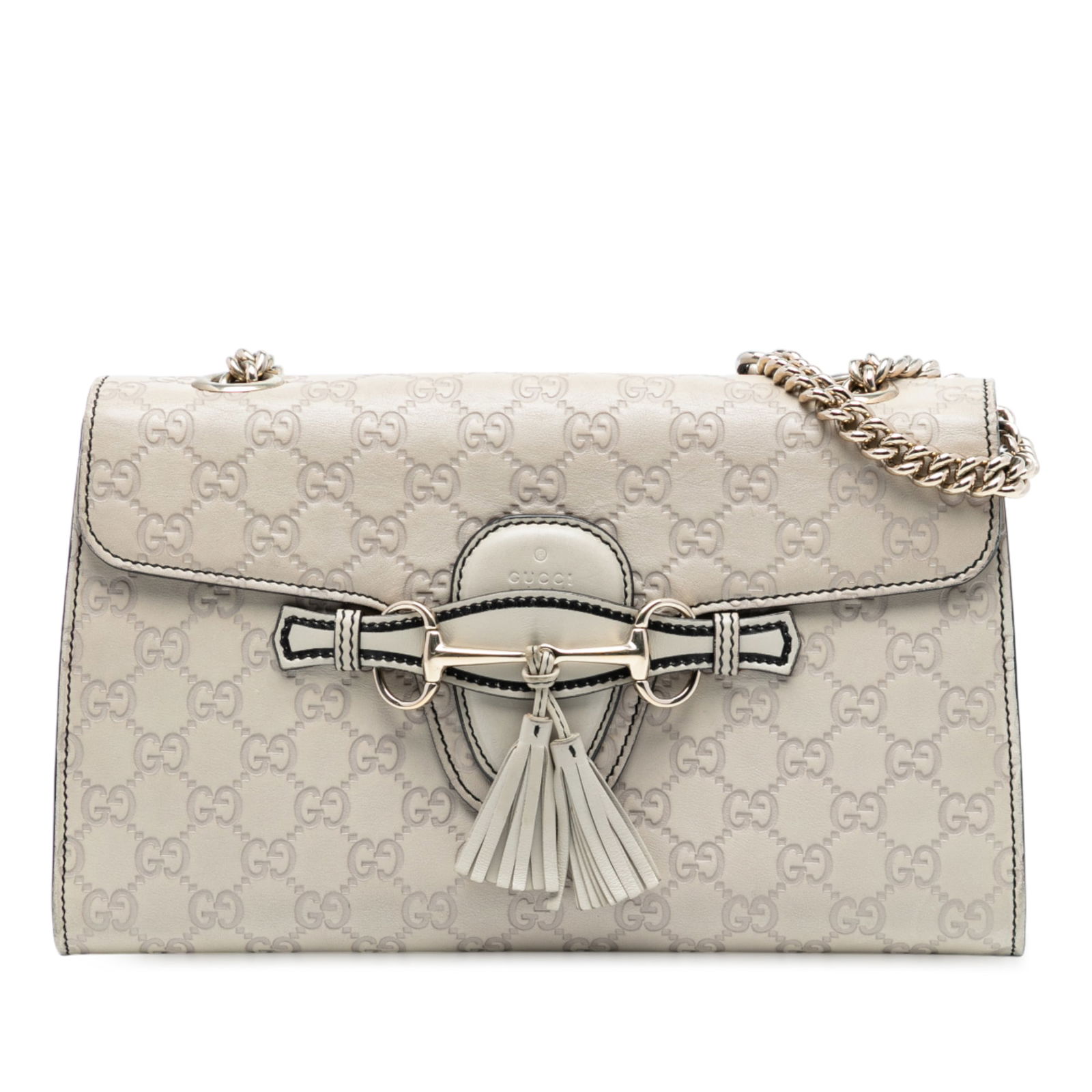 Gucci Medium Guccissima Emily White Leather Shoulder Bag: Gucci Medium Guccissima Emily White Leather Shoulder Bag This Medium Guccissima Emily Shoulder Bag is a stylish accessory crafted from embossed leather, featuring a curb chain strap and a front flap w