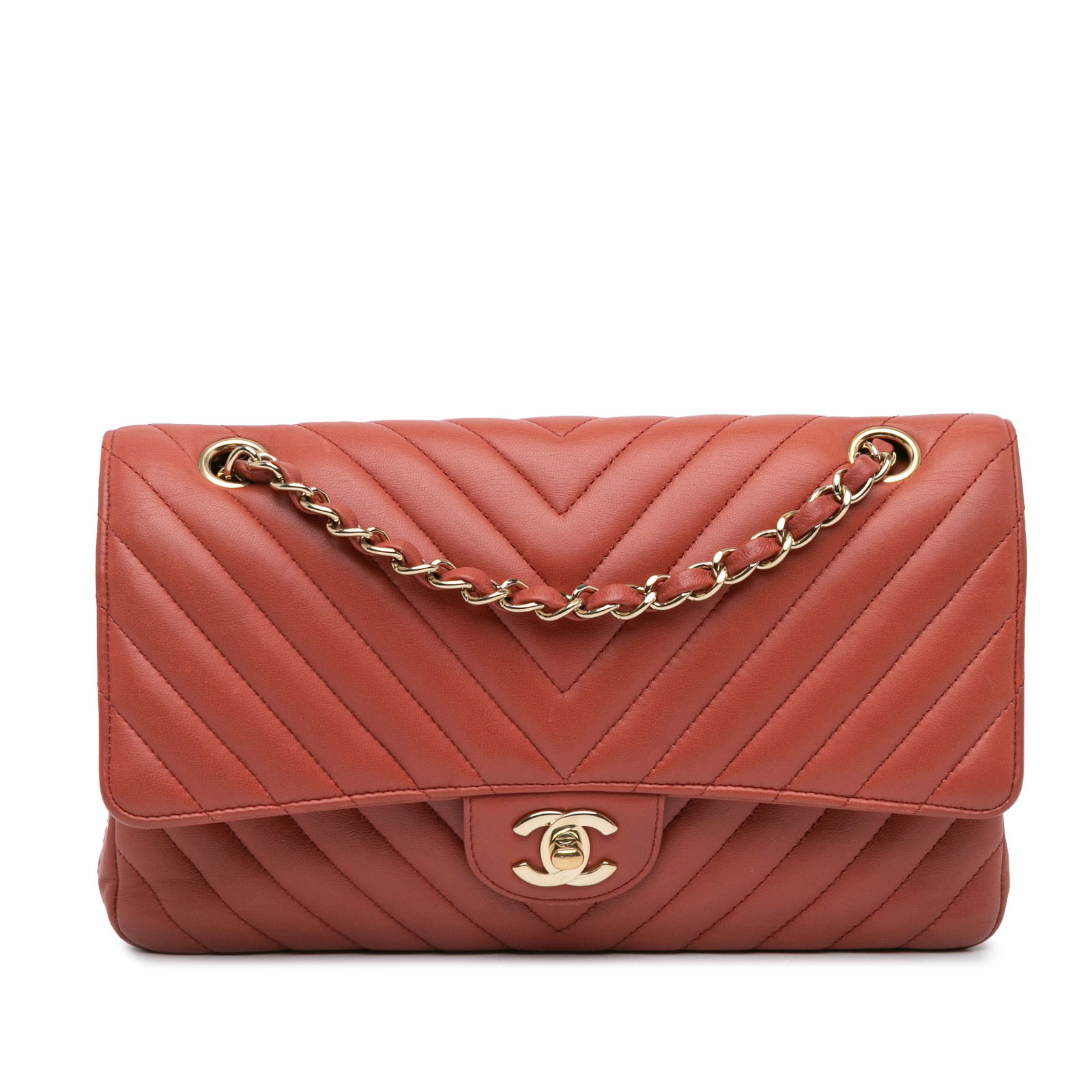 Chanel Medium Classic Chevron Orange Lambskin Double Flap Bag: Chanel Medium Classic Chevron Orange Lambskin Double Flap Bag This Chanel Medium Classic Chevron Double Flap shoulder bag is crafted from luxurious quilted lambskin leather in a vibrant orange hue. It