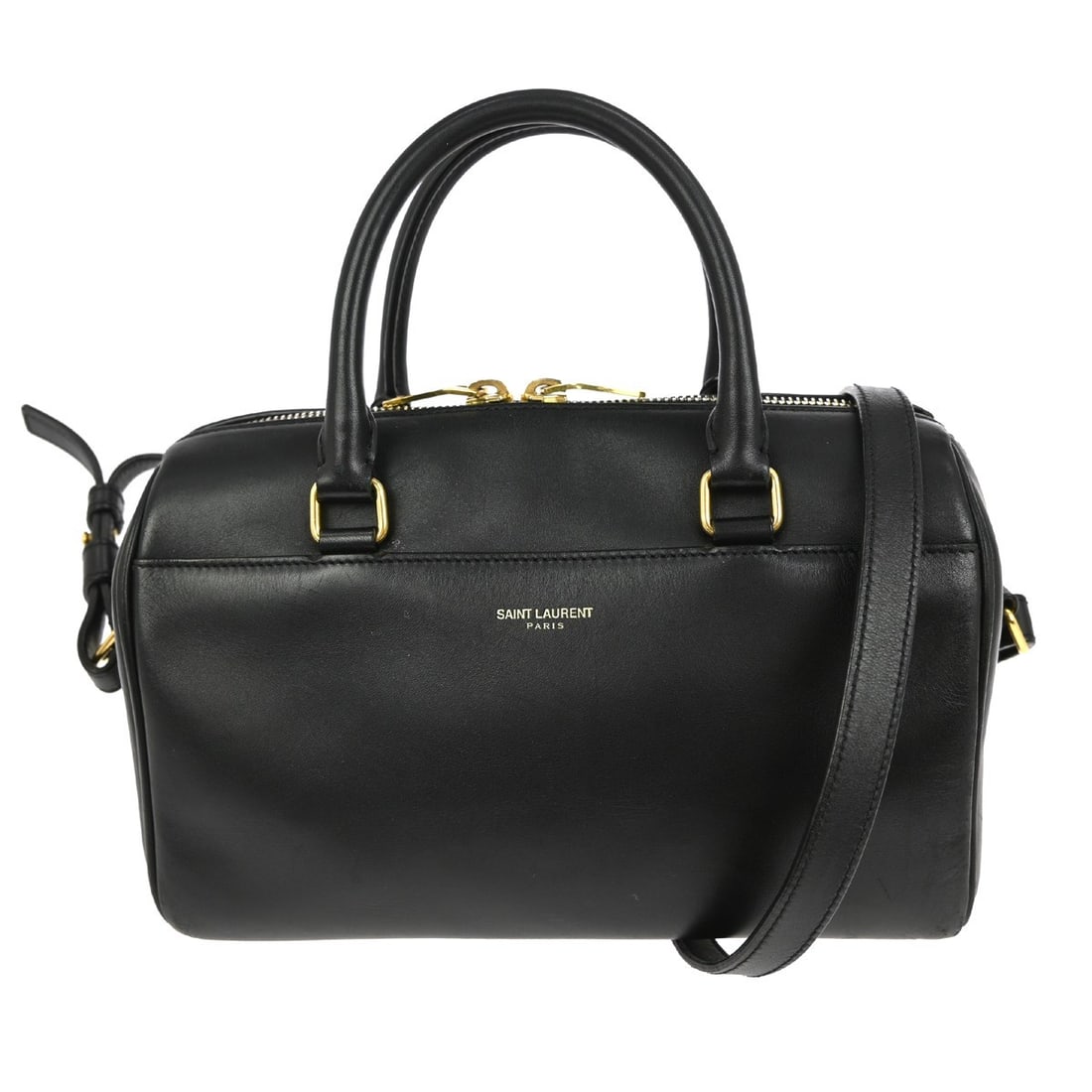 Black Classic Baby Duffle Handbag by Saint Laurent: Black Classic Baby Duffle Handbag by Saint Laurent This pre-owned Saint Laurent Classic Baby Duffle Bag is a versatile 2-way handbag designed for women. It features some exterior scuffs and interior d