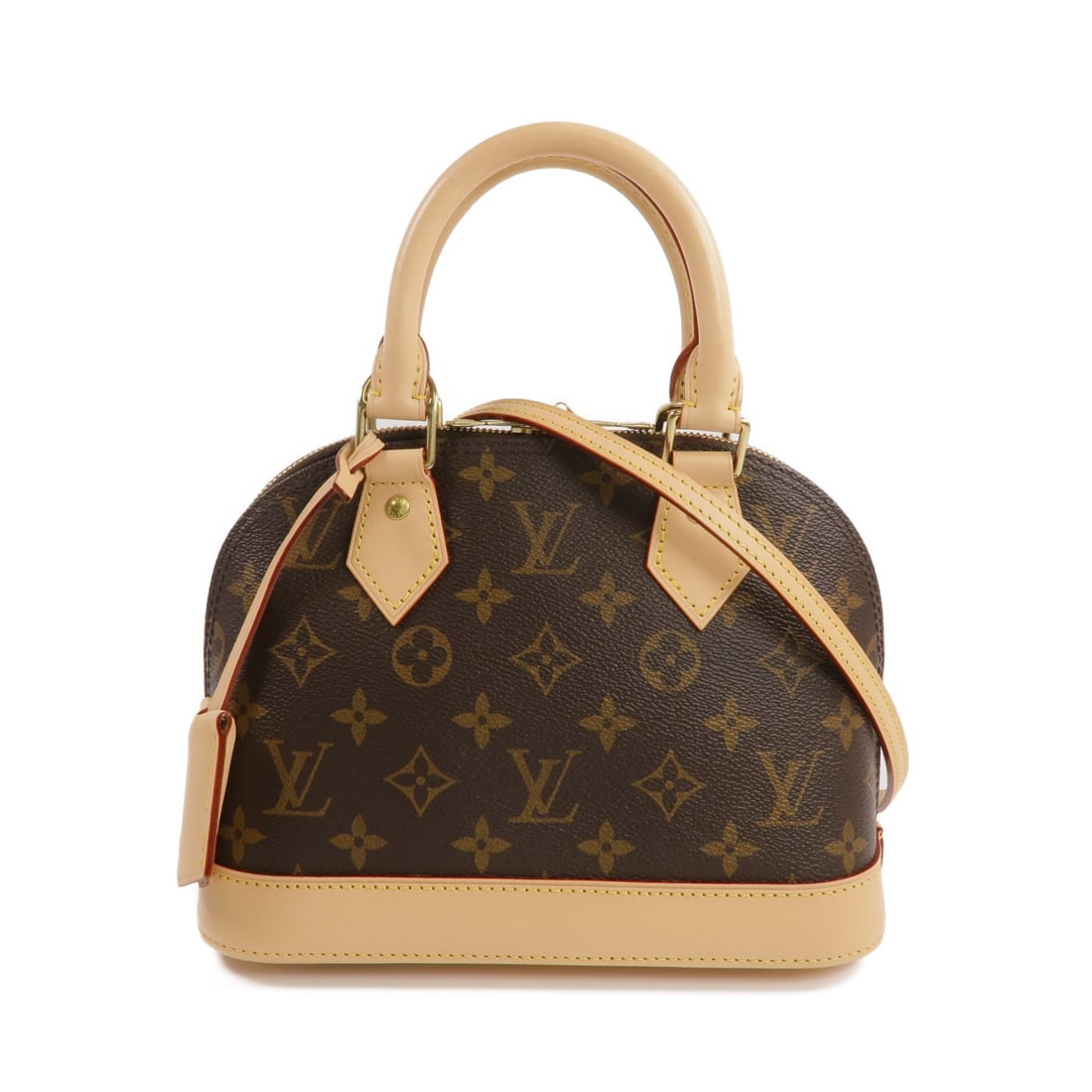 Alma BB Monogram Brown 2-Way Shoulder Handbag with Gold Hardware: Alma BB Monogram Brown 2-Way Shoulder Handbag with Gold Hardware This Louis Vuitton Alma BB 2-way shoulder bag features the signature Monogram pattern in brown PVC coated canvas. Designed for versatil