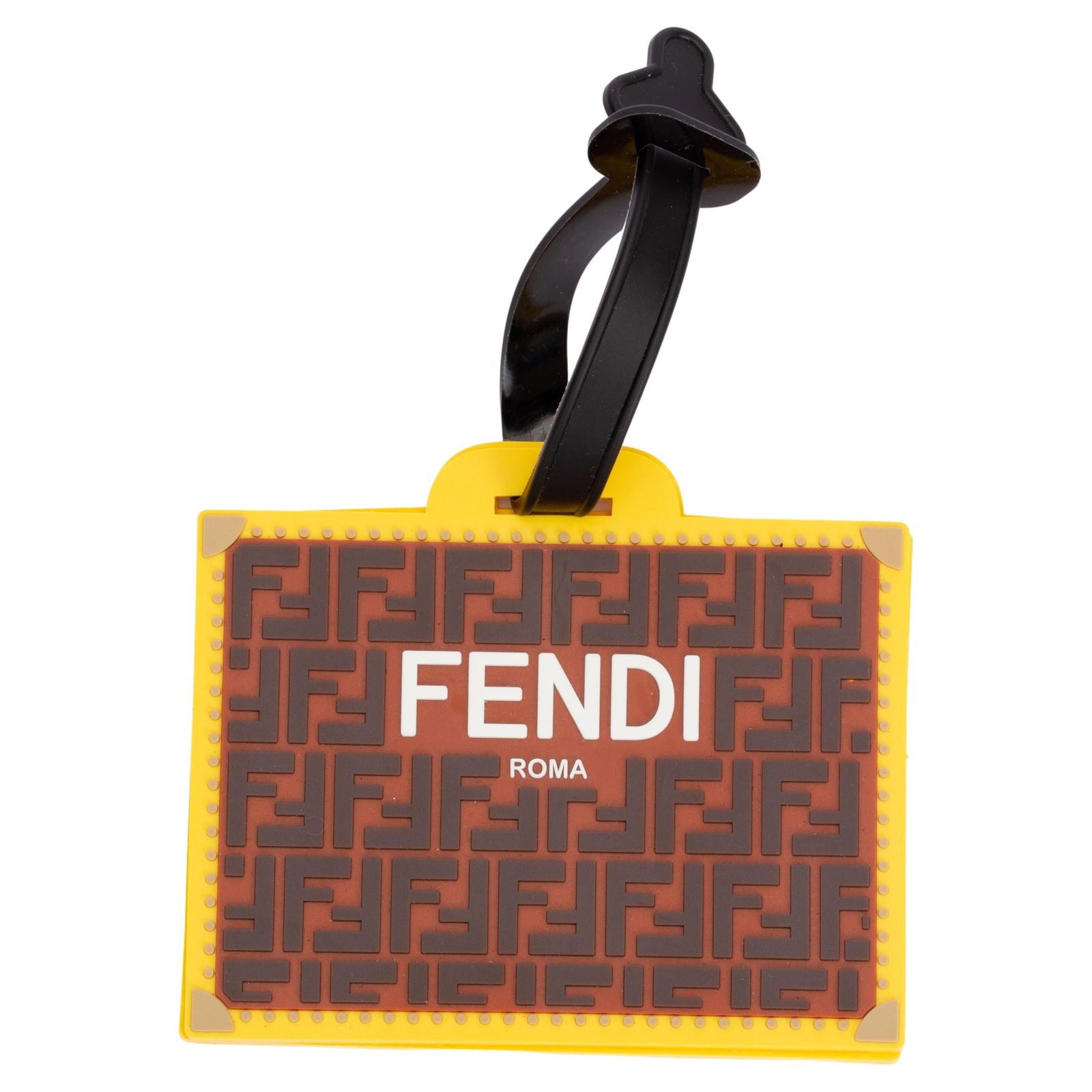 Fendi Silicon Luggage Tag with Iconic FF Pattern: Fendi Silicon Luggage Tag with Iconic FF Pattern This Fendi luggage tag is a stylish accessory crafted from durable silicon. It features the iconic Fendi logo displayed in an eye-catching FF pattern o