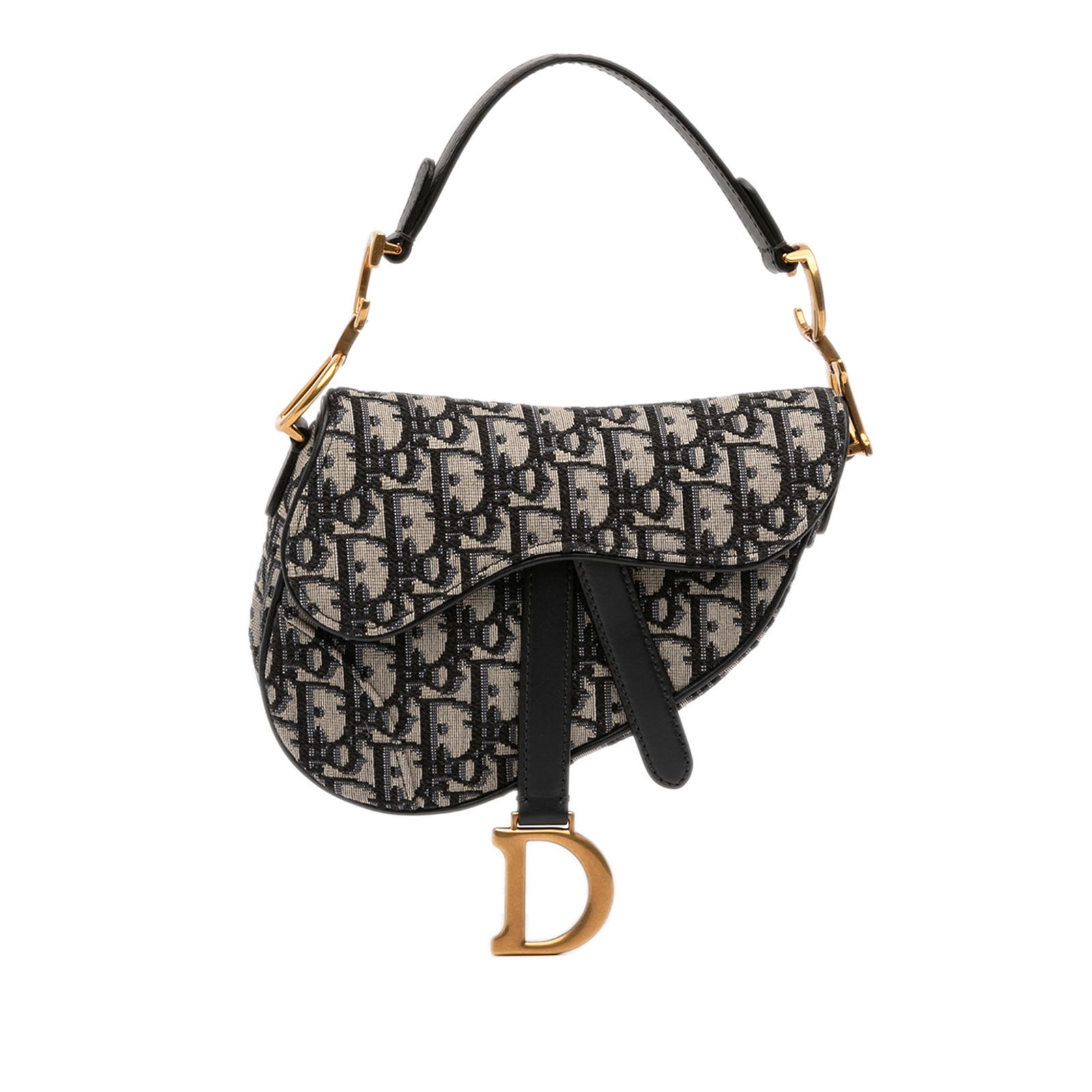 Mini Saddle Bag in Oblique Canvas with Leather Trim by Dior: Mini Saddle Bag in Oblique Canvas with Leather Trim by Dior This Dior Mini Oblique Canvas Saddle Bag features a canvas body with leather trim, a flat leather handle, a front flap with touch fastener c
