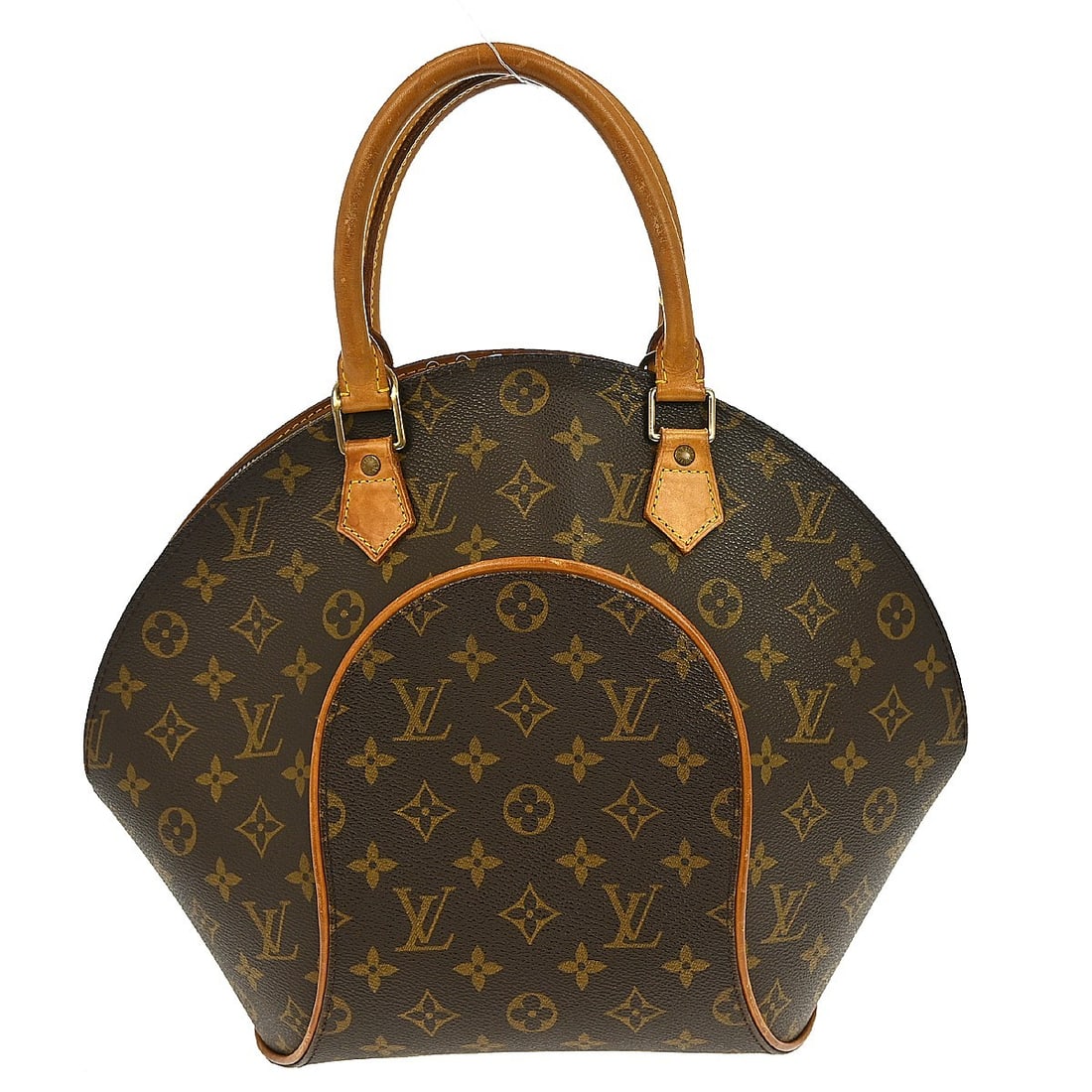Ellipse MM Handbag by Louis Vuitton in Brown: Ellipse MM Handbag by Louis Vuitton in Brown The Louis Vuitton Ellipse MM handbag features a classic brown exterior with signature leather accents. This pre-owned handbag shows noticeable scuffs, scra