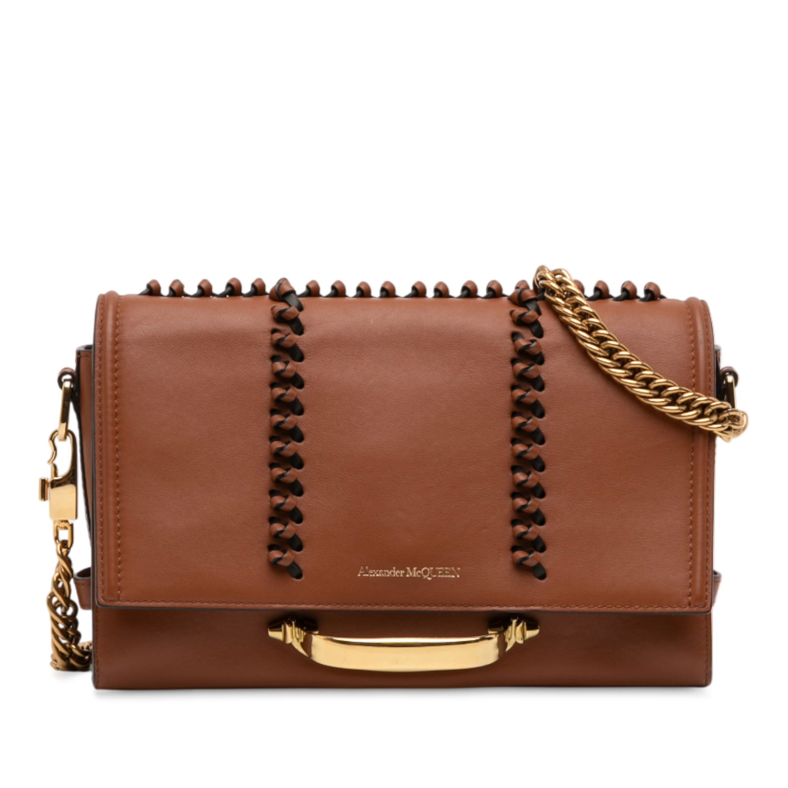 Alexander McQueen The Story Medium Brown Leather Shoulder Bag with Chain Strap: Alexander McQueen The Story Medium Brown Leather Shoulder Bag with Chain Strap This Alexander McQueen Medium Leather The Story Shoulder Bag features a brown leather body with distinctive whipstitch tr