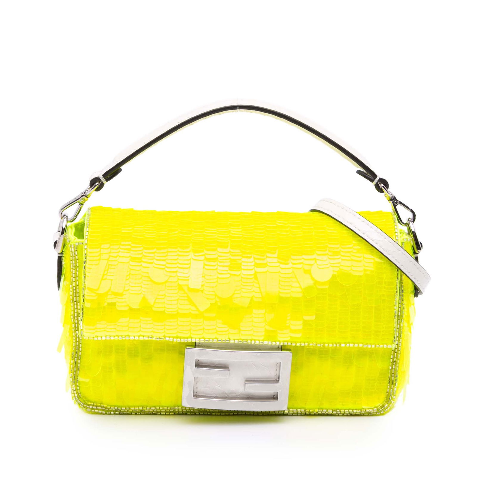 Fendi Mini Transparent Paillettes Elaphe Baguette Yellow Satchel: Fendi Mini Transparent Paillettes Elaphe Baguette Yellow Satchel The Fendi Mini Transparent Paillettes Elaphe Baguette Satchel showcases a luxurious sequined body that exudes elegance. This chic handb