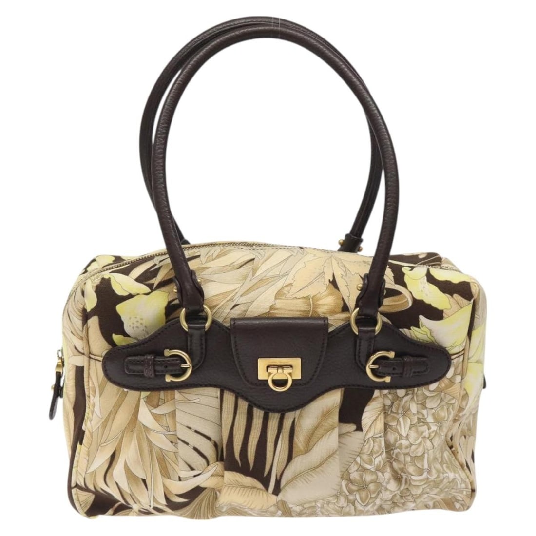 Beige Gancini Shoulder Bag by Salvatore Ferragamo: Beige Gancini Shoulder Bag by Salvatore Ferragamo This Salvatore Ferragamo Gancini shoulder bag features a beige exterior with a classic design. It has a gently used condition with signs of shape loss