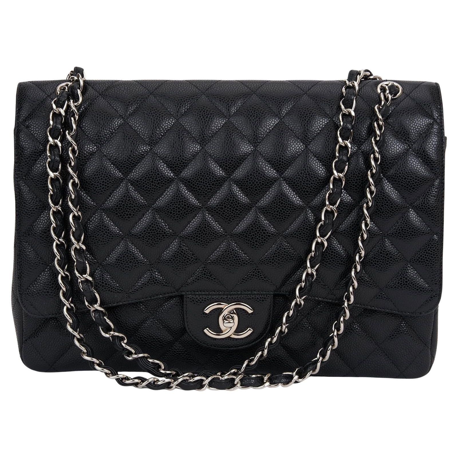 Chanel Maxi Single Flap Bag Caviar Leather Silver Hardware Burgundy Interior: Chanel Maxi Single Flap Bag Caviar Leather Silver Hardware Burgundy Interior This classic Chanel Single Flap Maxi Bag, crafted from luxurious Caviar quilted leather, showcases elegant silver hardware