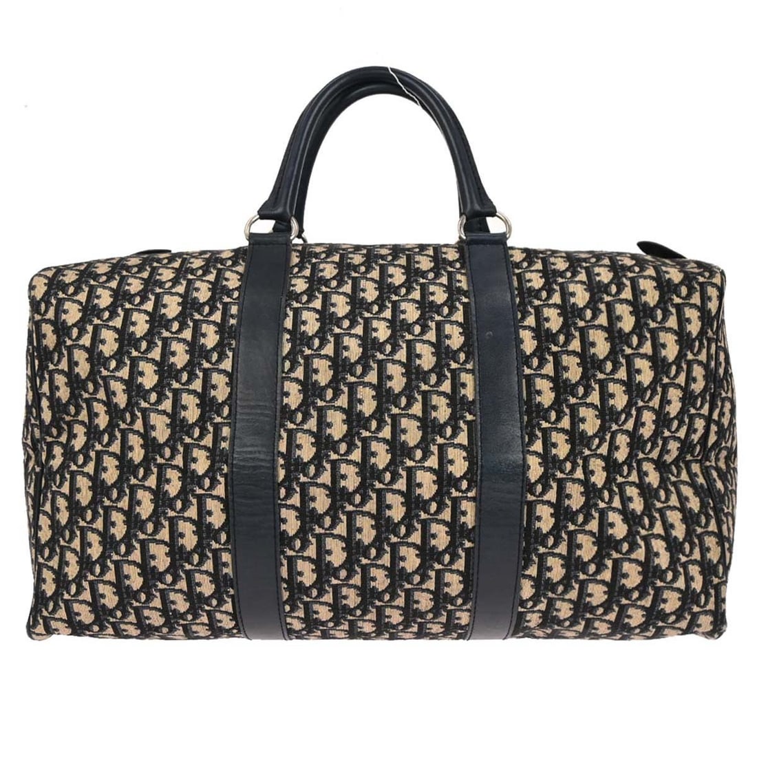 Dior Trotter Canvas Large Beige and Navy Duffle Top Handle Bag: Dior Trotter Canvas Large Beige and Navy Duffle Top Handle Bag This Christian Dior Trotter duffle handbag features a beige and navy canvas exterior with leather accents and the distinctive Dior logo p