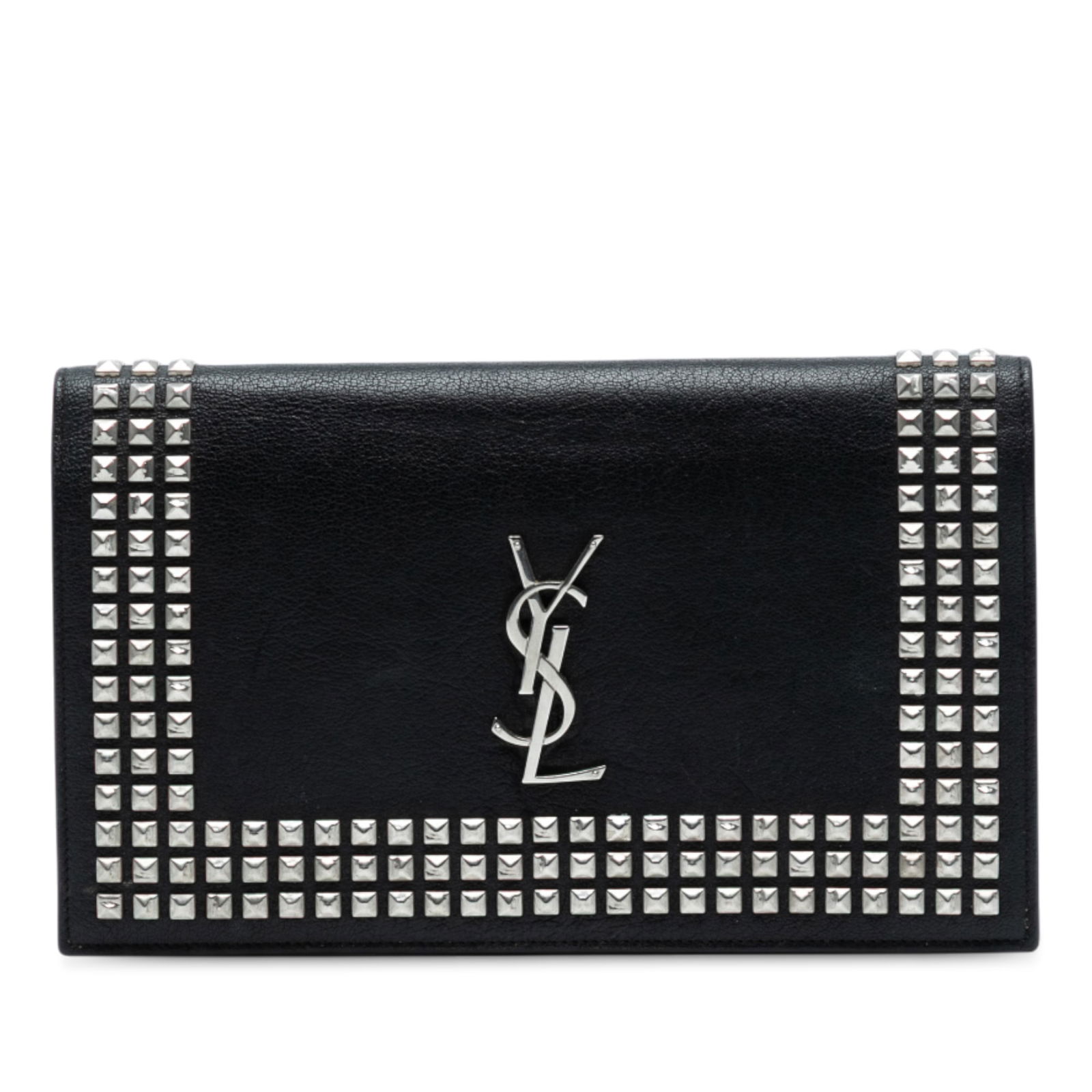 Saint Laurent Black Studded Leather Monogram Clutch Made in Italy: Saint Laurent Black Studded Leather Monogram Clutch Made in Italy This Saint Laurent Studded Leather Monogram Clutch is a stylish addition to any collection. Crafted from high-quality leather, it feat