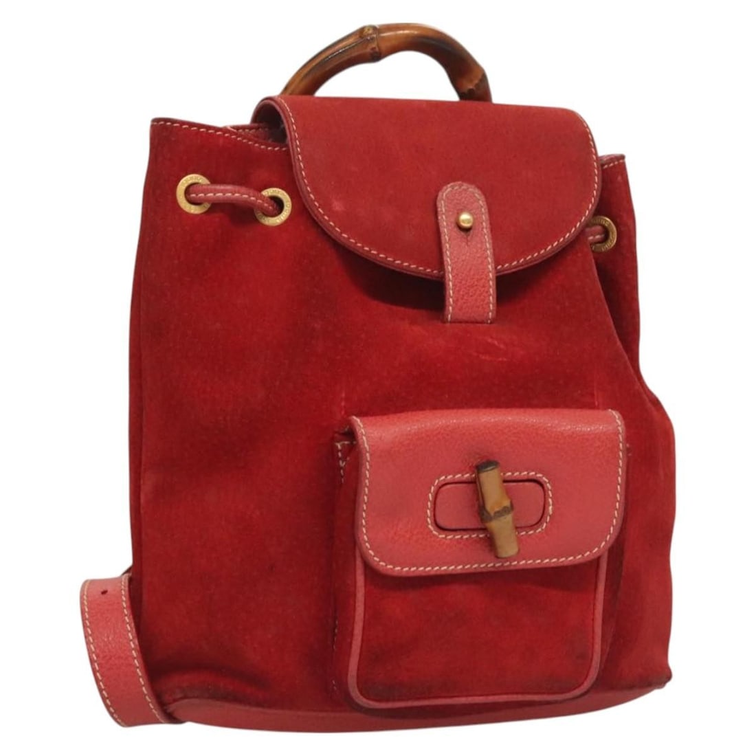 Red Bamboo Backpack by Gucci Vintage Collection: Red Bamboo Backpack by Gucci Vintage Collection This is a vintage Gucci Bamboo Backpack in red, designed for female use. The backpack shows signs of wear, including rubbing, loss of shape, and stains
