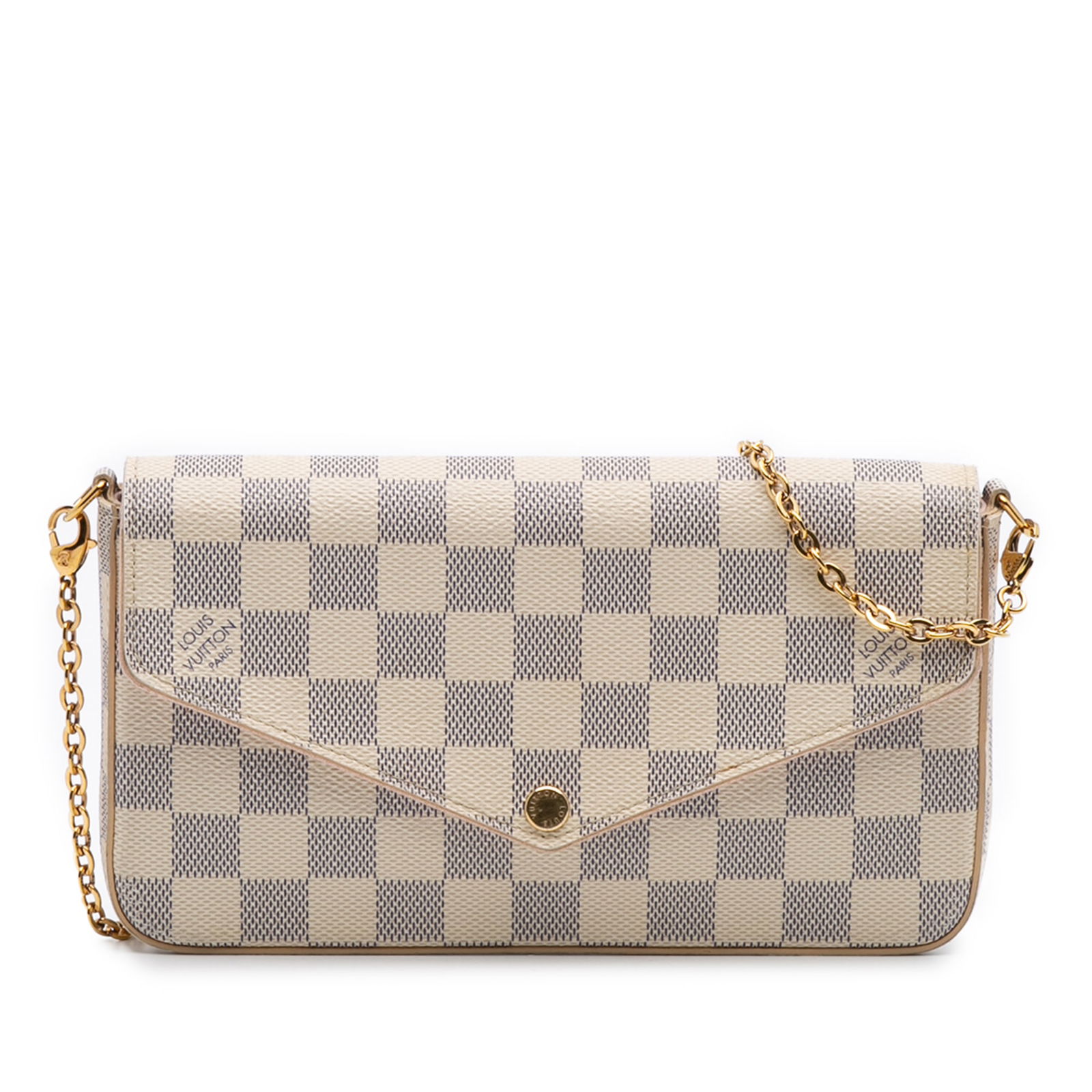 Louis Vuitton Damier Azur Pochette Felicie with Chain Strap: Louis Vuitton Damier Azur Pochette Felicie with Chain Strap The Louis Vuitton Damier Azur Pochette Felicie is a stylish and versatile bag made from durable damier azur canvas. It features a convenient