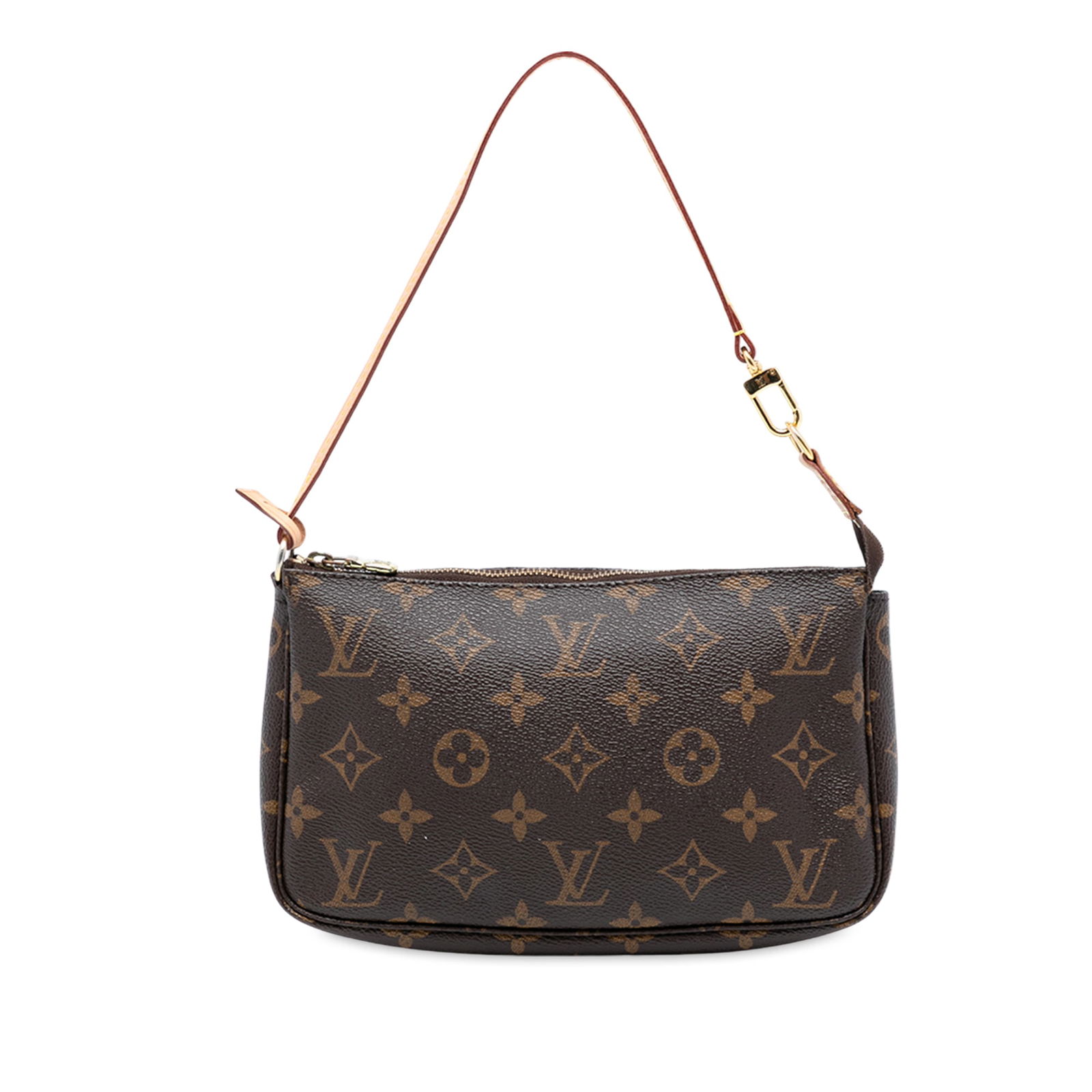 Monogram Canvas Pochette Accessoires Bag by Louis Vuitton with Leather Strap: Monogram Canvas Pochette Accessoires Bag by Louis Vuitton with Leather Strap This Louis Vuitton Monogram Pochette Accessoires showcases the brand's signature monogram canvas with a flat vachetta leath