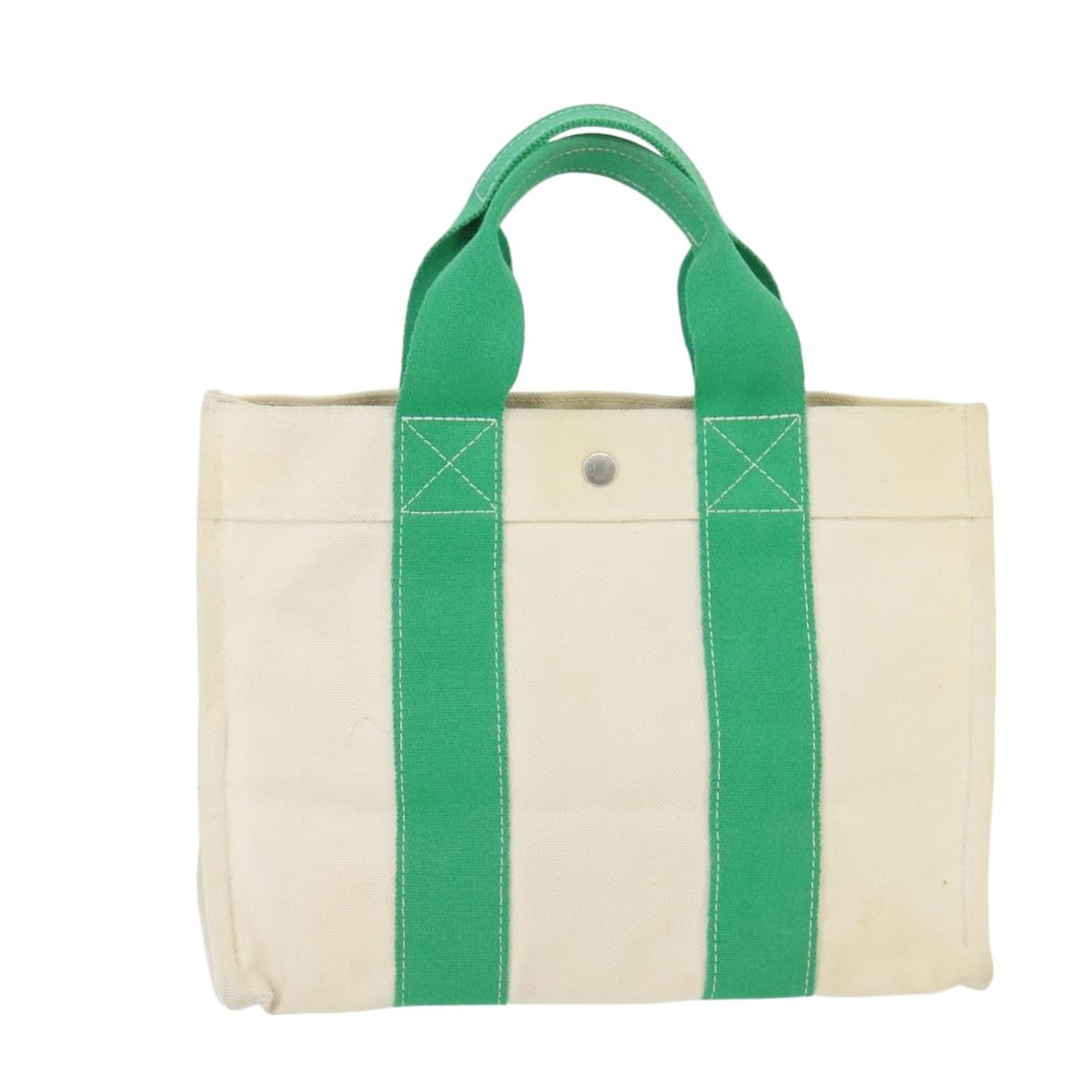 Green Hermes Bora Bora Canvas Tote Bag for Women: Green Hermes Bora Bora Canvas Tote Bag for Women This is a Hermes Bora Bora Tote in green, designed for female use. The bag shows signs of wear, including loss of shape, rubbing, stains on the outer s