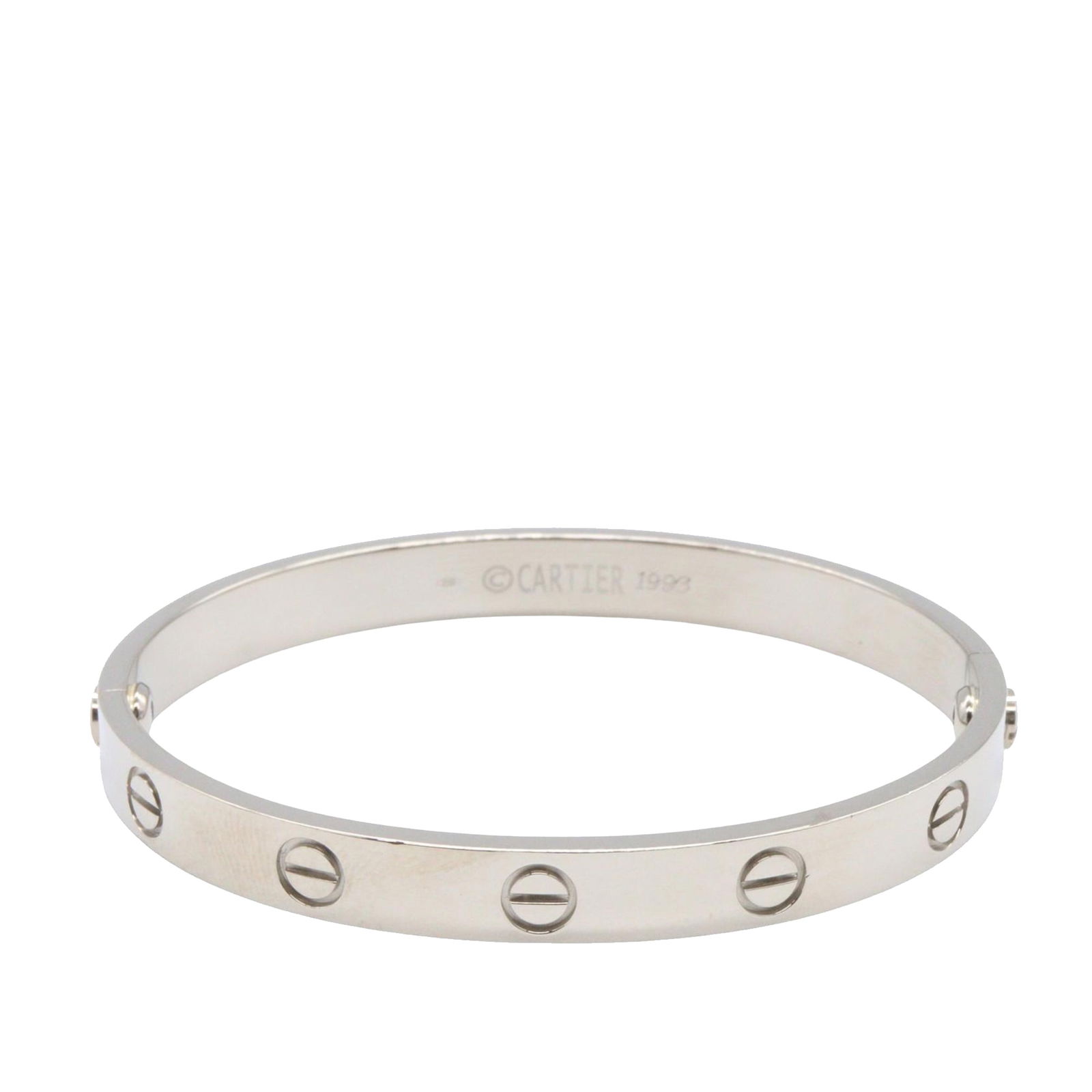 Cartier 18K White Gold Love Bracelet with Repair Certificate: Cartier 18K White Gold Love Bracelet with Repair Certificate This exquisite Cartier Love Bracelet is crafted from 18K white gold, showcasing a classic design with a secure screw closure. The bracelet