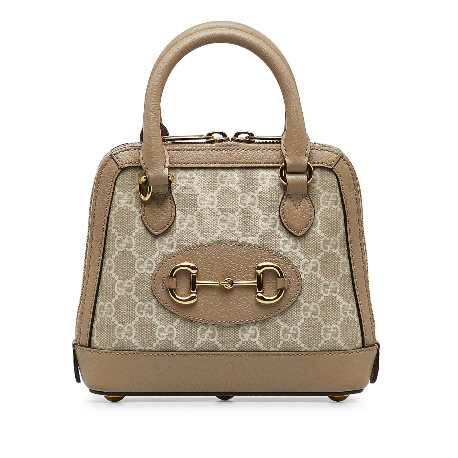 Gucci Mini GG Supreme Horsebit 1955 Satchel Brown Fabric Italy: Gucci Mini GG Supreme Horsebit 1955 Satchel Brown Fabric Italy Introducing the Gucci Mini GG Supreme Horsebit 1955 Satchel, a stylish accessory crafted from durable coated canvas with luxurious leathe