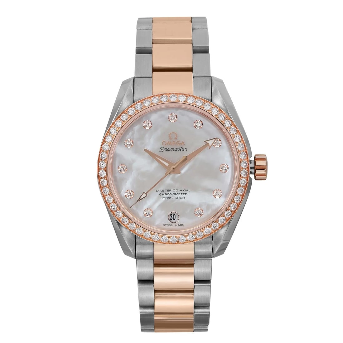 Omega Aqua Terra Ladies Watch 18k Rose Gold MOP Diamond Bezel 231.25.39.21.55.001: Omega Aqua Terra Ladies Watch 18k Rose Gold MOP Diamond Bezel 231.25.39.21.55.001 Introducing the Omega Aqua Terra, a luxurious wristwatch designed for the discerning lady. This exquisite timepiece fe