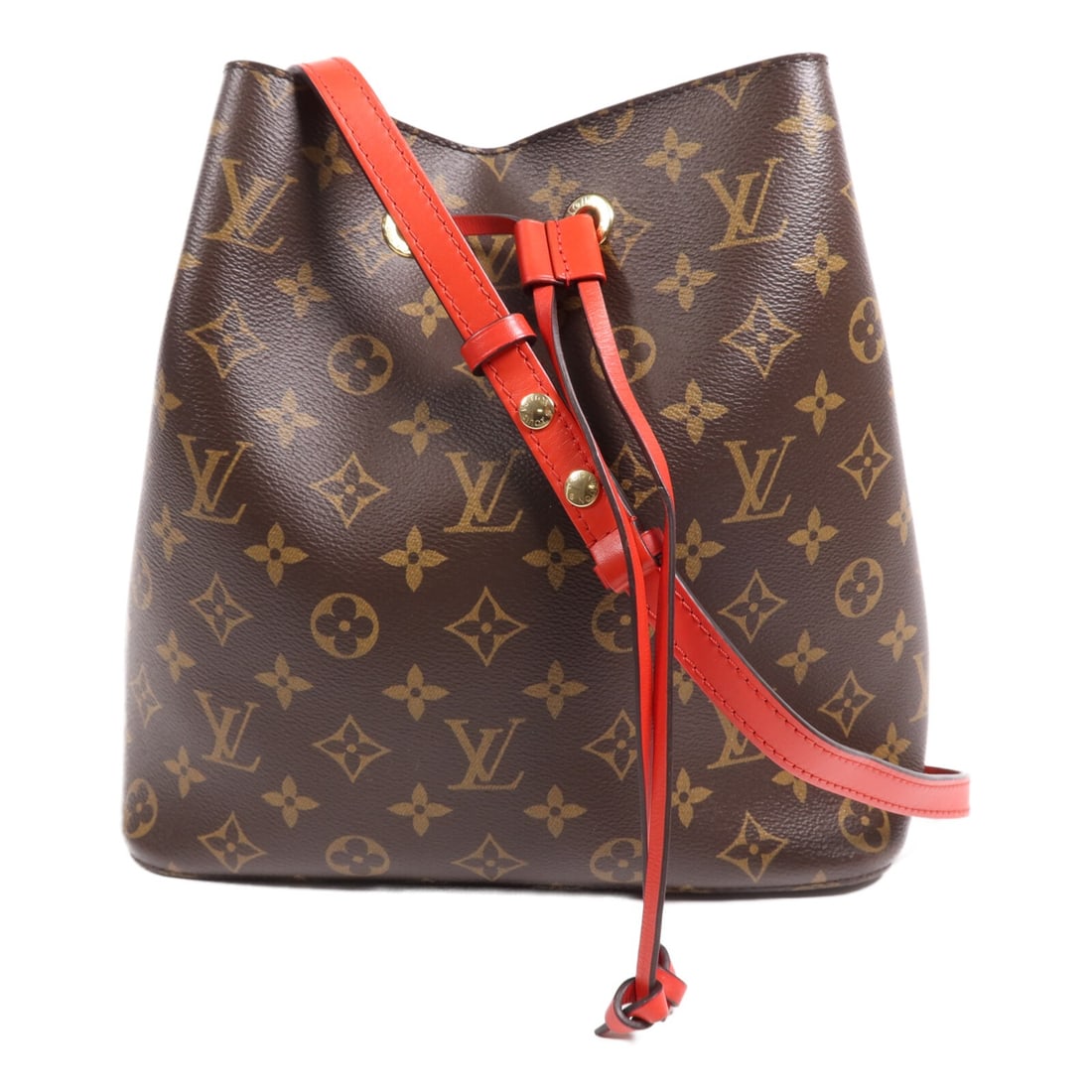 LOUIS VUITTON Neo Noe Bucket Bag Monogram Red GHW M44021: LOUIS VUITTON Neo Noe Bucket Bag Monogram Red GHW M44021 The LOUIS VUITTON Neo Noe Bucket Bag is a stylish shoulder handbag crafted from durable PVC coated canvas in a striking red color. With dimensi