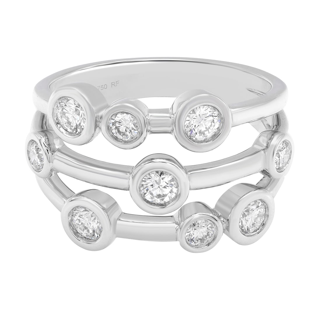 Rachel Koen 18K White Gold Bezel Set Diamond Ring 0.68ct Size 6.75: Rachel Koen 18K White Gold Bezel Set Diamond Ring 0.68ct Size 6.75 This exquisite bezel set round cut diamond ring, designed by Rachel Koen, showcases a stunning arrangement of nine fine round brillia