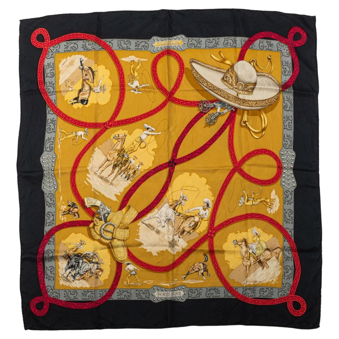 Hermes J de Fougerolle Black Gold Silk Scarf 35in Made in France (1 of 5)