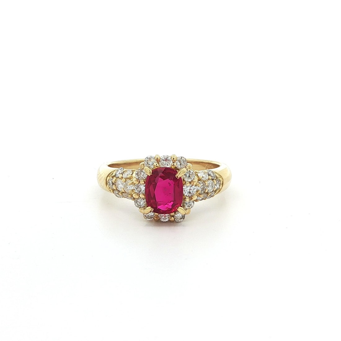 18k Yellow Gold GIA Certified 1.26ctw Vivid Red Ruby Diamond Ring: 18k Yellow Gold GIA Certified 1.26ctw Vivid Red Ruby Diamond Ring This stunning ring showcases a natural genuine cushion-cut ruby, weighing 0.76 carats, prong-set in solid 18k yellow gold. The vivid r