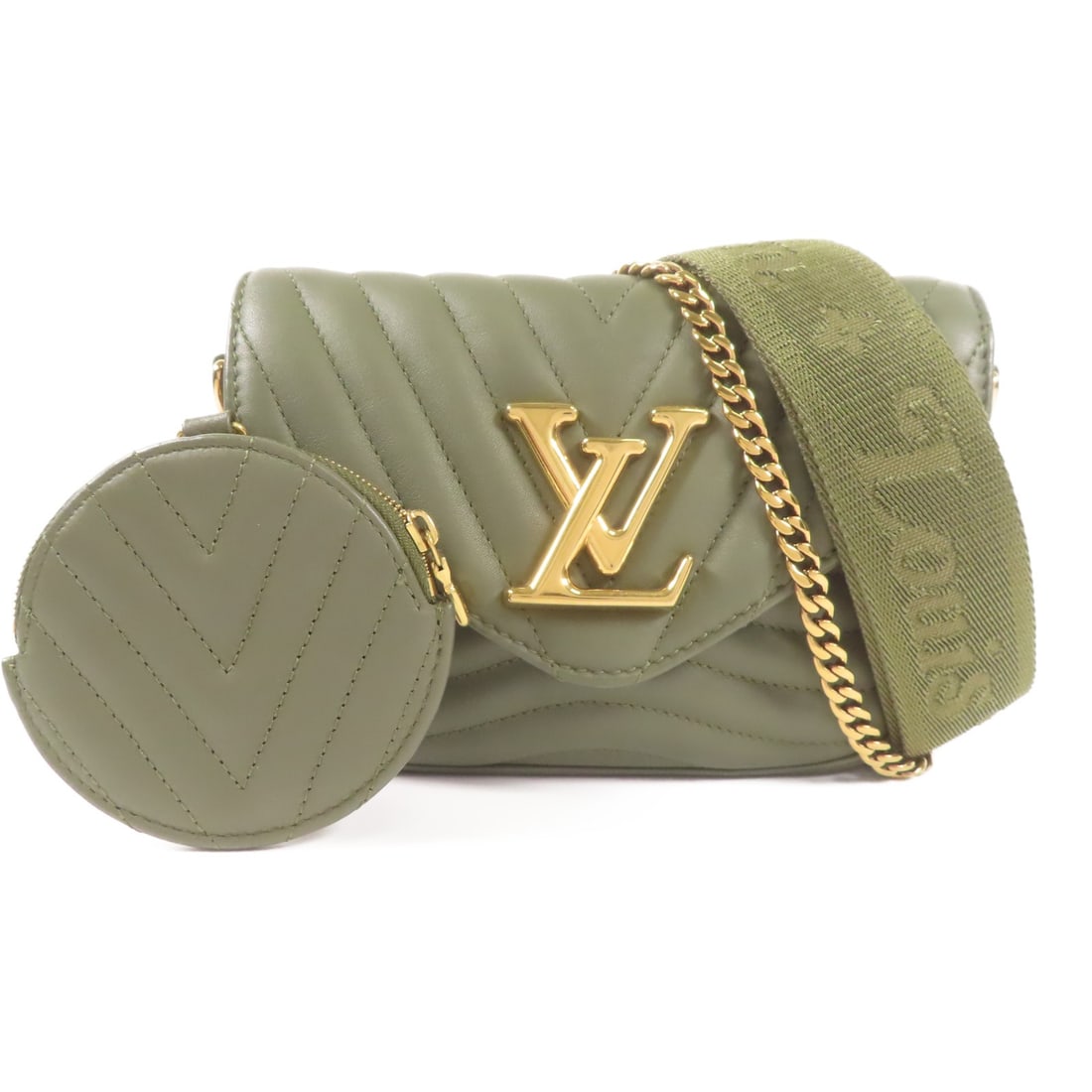 LOUIS VUITTON New Wave Multi Pochette Shoulder Bag Green Calfskin: LOUIS VUITTON New Wave Multi Pochette Shoulder Bag Green Calfskin This LOUIS VUITTON New Wave Multi Pochette Shoulder Bag is a stylish accessory crafted from high-quality calfskin leather. It features