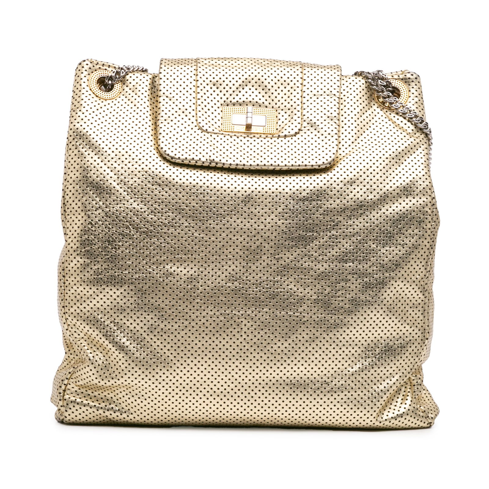 Chanel Gold Perforated Crackled Metallic Calfskin Drill Tote Bag: Chanel Gold Perforated Crackled Metallic Calfskin Drill Tote Bag Elevate your style with the Chanel Perforated Crackled Metallic Calfskin Drill Tote. This luxurious tote bag showcases a striking perfo