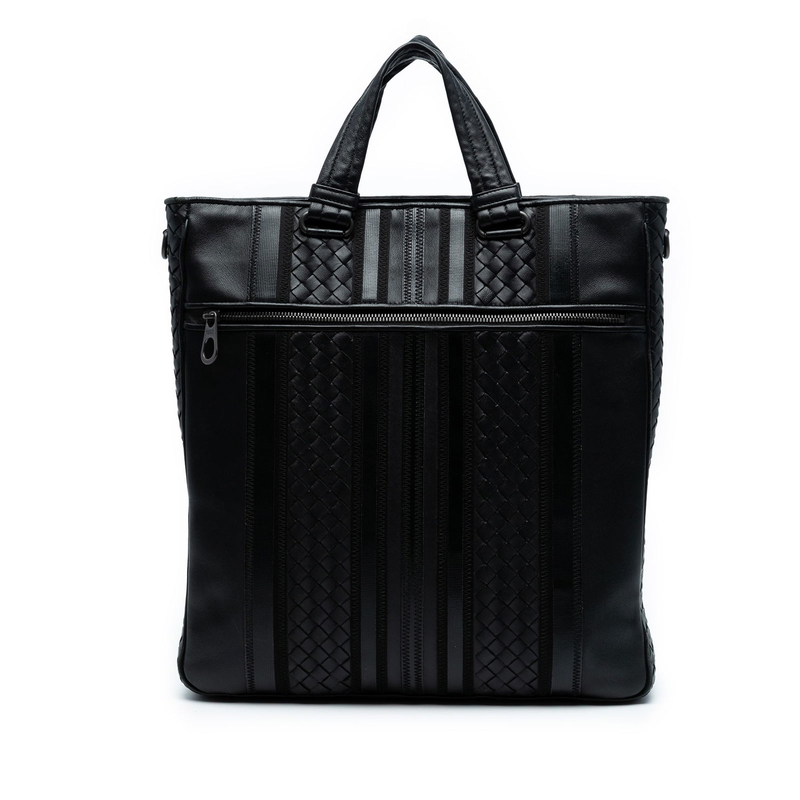 Bottega Veneta Nappa Intrecciato Tech Stripe Tote Black Leather Bag: Bottega Veneta Nappa Intrecciato Tech Stripe Tote Black Leather Bag The Bottega Veneta Nappa Intrecciato Tech Stripe Convertible Tote is an elegant satchel crafted from woven leather. This stylish tot