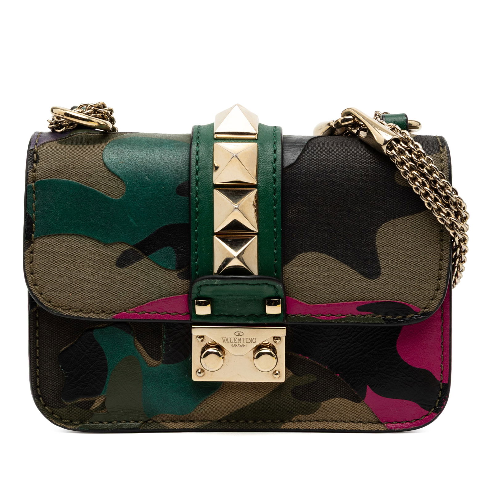 Valentino Camouflage Mini Rockstud Glam Lock Leather and Canvas Crossbody Bag: Valentino Camouflage Mini Rockstud Glam Lock Leather and Canvas Crossbody Bag This Valentino Mini Nappa and Canvas Camouflage Rockstud Glam Lock Crossbody features a printed nappa leather and canvas b