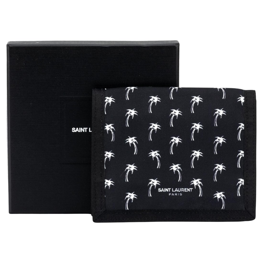 Yves Saint Laurent Black Canvas Palm Wallet with Dustcover: Yves Saint Laurent Black Canvas Palm Wallet with Dustcover This Yves Saint Laurent wallet is a stylish addition to your collection. Crafted from durable black canvas, it features an eye-catching palm