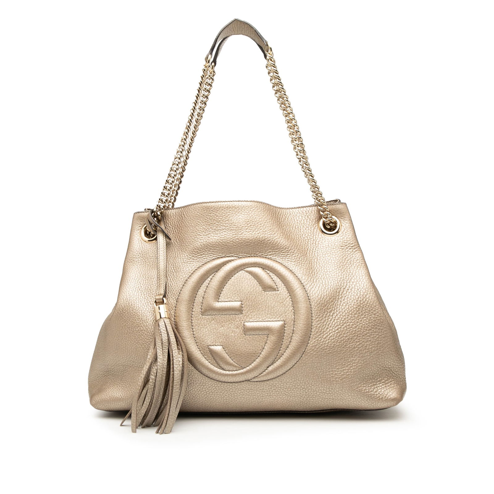 Gucci Medium Metallic Leather Soho Chain Tote Bag Gold: Gucci Medium Metallic Leather Soho Chain Tote Bag Gold Introducing the Gucci Medium Metallic Leather Soho Chain Tote, a stylish and functional accessory crafted from premium leather. This tote feature