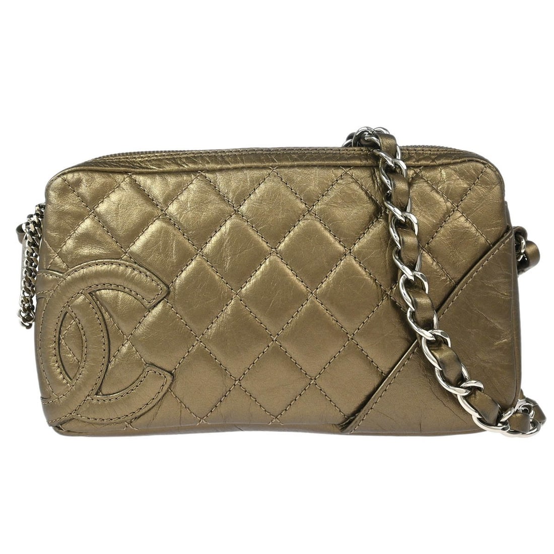 Chanel Cambon Ligne Metallic Bronze Calfskin Top Handle Handbag: Chanel Cambon Ligne Metallic Bronze Calfskin Top Handle Handbag Elevate your accessory collection with this Chanel Metallic Bronze Calfskin Cambon Ligne Handbag. This stylish small top handle bag feat