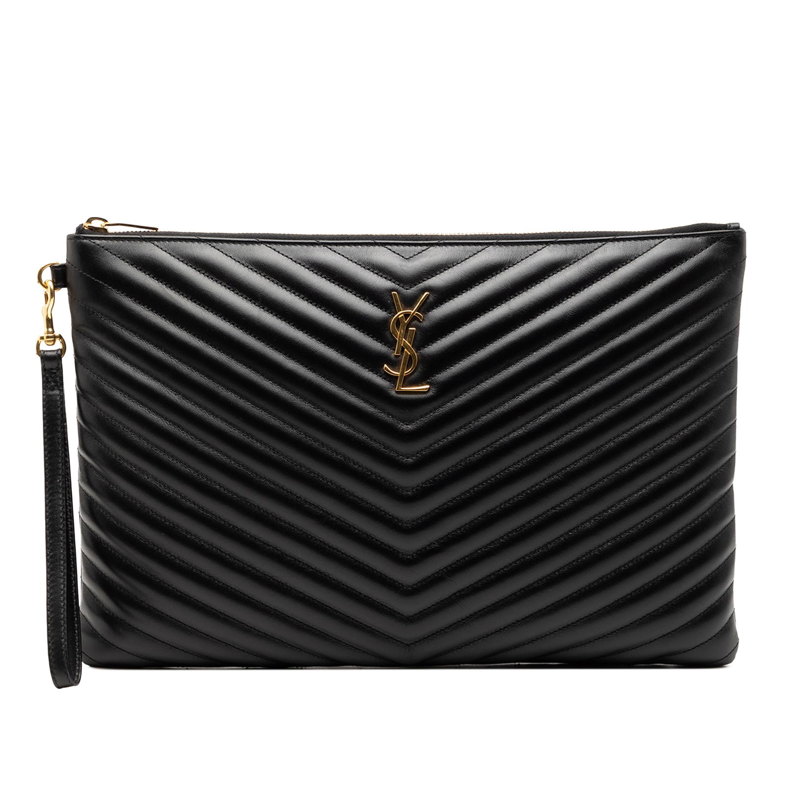 Black Leather Chevron Pattern Saint Laurent Clutch with Wrist Strap: Black Leather Chevron Pattern Saint Laurent Clutch with Wrist Strap This Saint Laurent document holder features a quilted chevron-pattern leather exterior in black, accented with a detachable flat lea