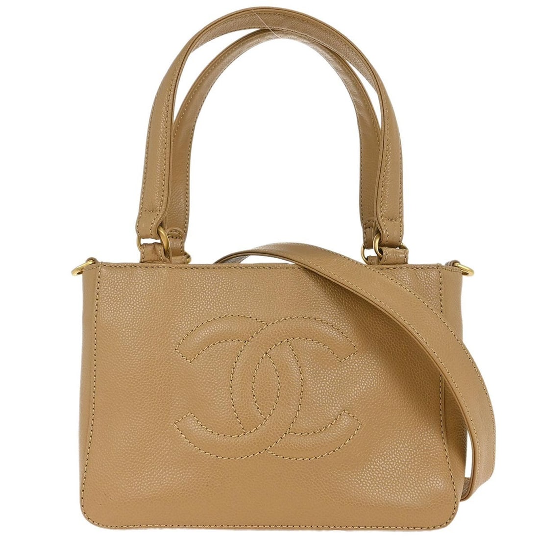 Small Chanel Caviar Leather Beige Tote with Double Handles Two Carry Options: Small Chanel Caviar Leather Beige Tote with Double Handles Two Carry Options This Chanel tote bag is crafted from beige calfskin leather and features a small size with double handles. It offers versat