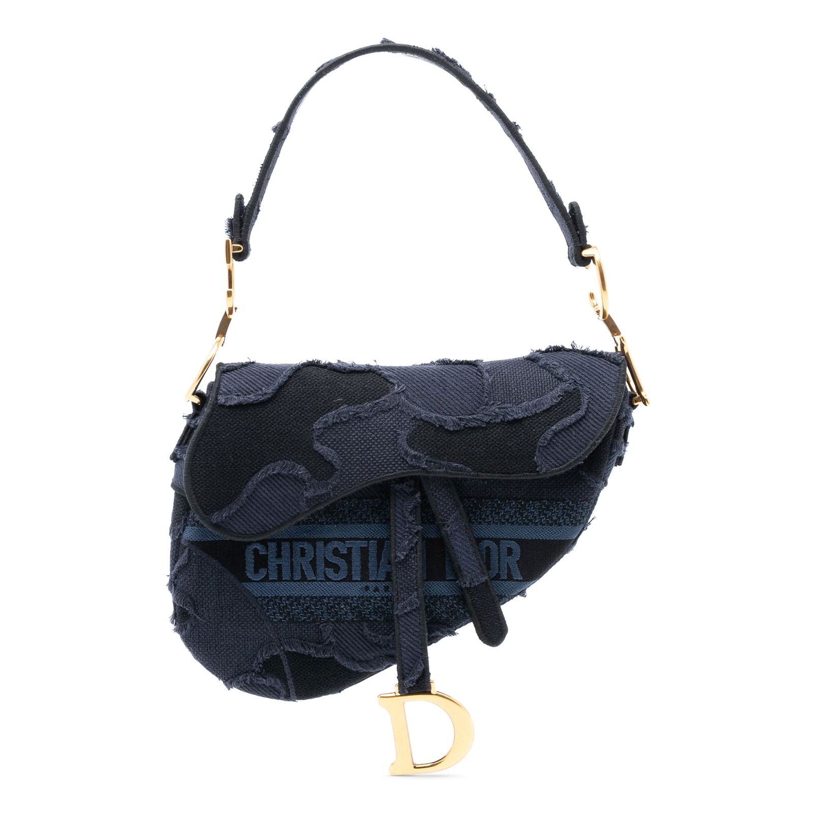 Dior Camouflage Saddle Bag Embroidered Canvas Italy Blue: Dior Camouflage Saddle Bag Embroidered Canvas Italy Blue This Dior Camouflage Embroidered Canvas Saddle Bag showcases a unique embroidered canvas body in a captivating blue hue. It features a flat str