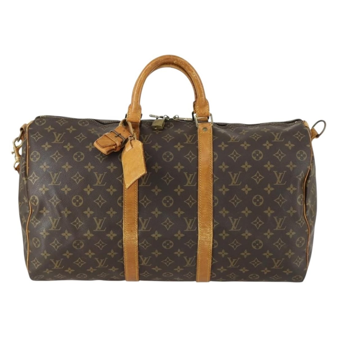 Louis Vuitton Keepall Bandouliere Brown Travel Bag with Shoulder Strap: Louis Vuitton Keepall Bandouliere Brown Travel Bag with Shoulder Strap This Louis Vuitton Keepall Bandouliere travel bag is crafted in brown material and designed for female use. The bag shows signs o