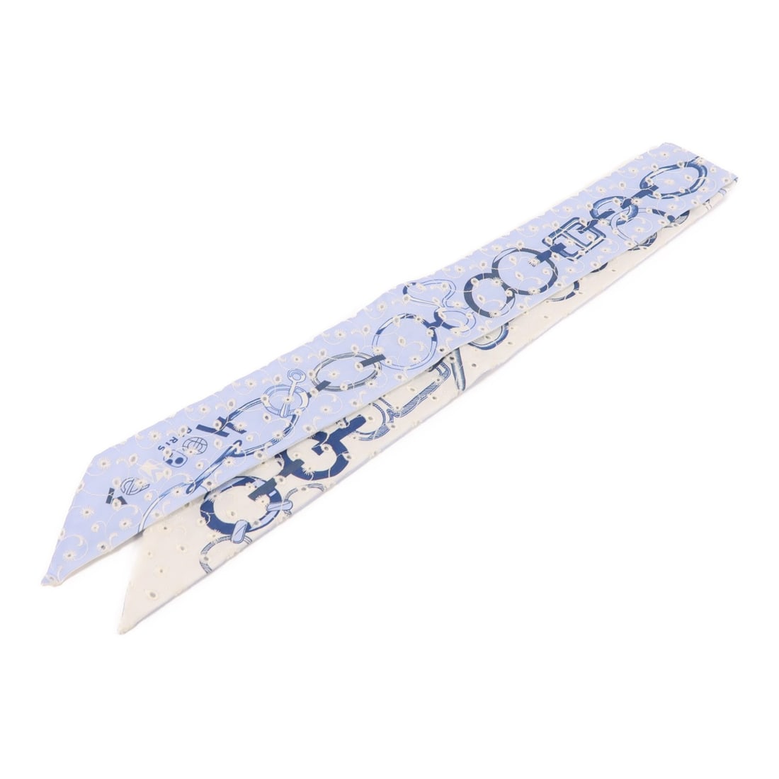 HERMES Twilly Silk Scarf Blue and White Made in France: HERMES Twilly Silk Scarf Blue and White Made in France This exquisite HERMES Twilly Scarf is crafted from luxurious silk, featuring a beautiful blue design that adds a touch of elegance to any outfit.