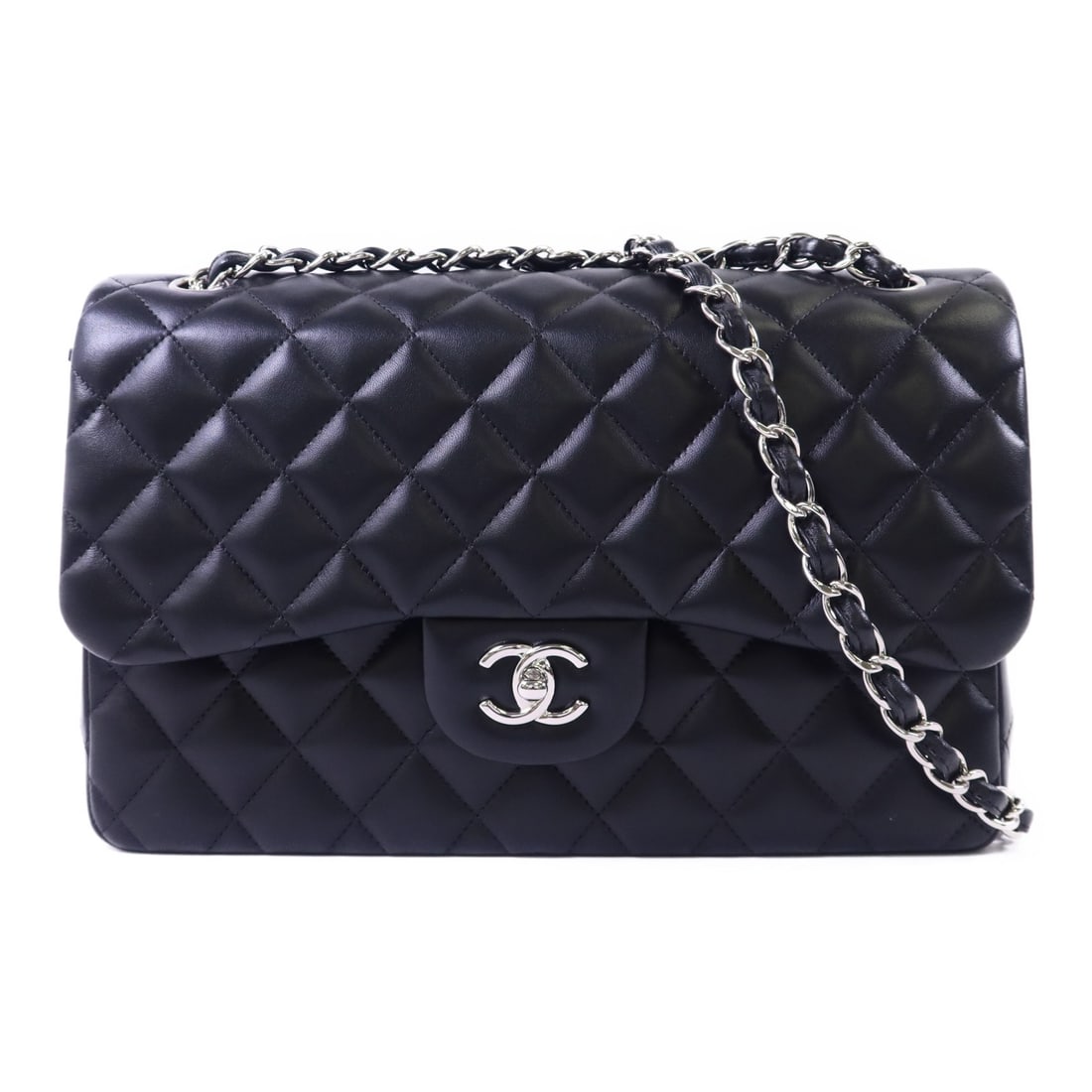 CHANEL Large Classic Chain Shoulder Bag Black Lambskin: CHANEL Large Classic Chain Shoulder Bag Black Lambskin Introducing the CHANEL Large Classic Chain Shoulder Bag, a timeless piece crafted from luxurious lambskin leather in elegant black. This shoulder
