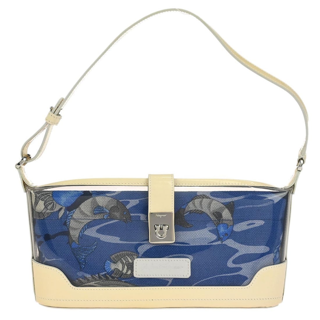 Salvatore Ferragamo Blue PVC Gancini Fish Print Top Handle Bag: Salvatore Ferragamo Blue PVC Gancini Fish Print Top Handle Bag Elevate your casual style with this Salvatore Ferragamo handbag, featuring a unique fish print design on durable PVC material. This small
