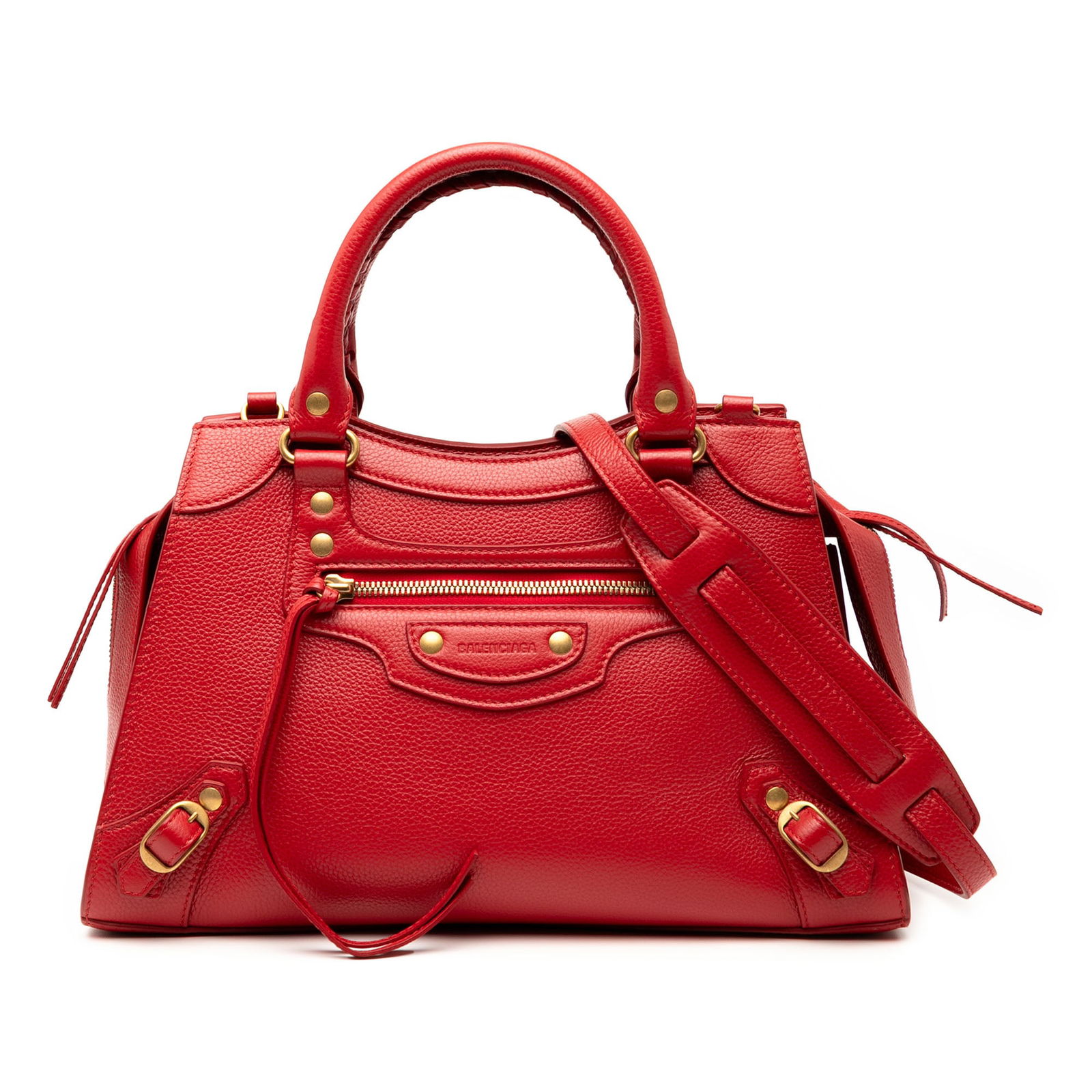 Balenciaga Small Red Calfskin Motocross Neo Classic City Satchel: Balenciaga Small Red Calfskin Motocross Neo Classic City Satchel The Balenciaga Small Grained Calfskin Motocross Neo Classic City Satchel is a stylish and versatile accessory crafted from high-quality