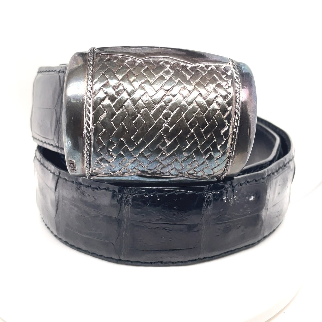 J&M Davidson Black Leather Buckle Belt Silver Tone Made in France (1 of 7)