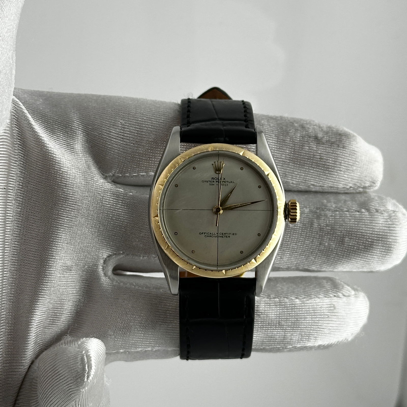 Oyster Perpetual Ref 6582 Silver Zephyr Dial Watch with Aftermarket Leather Strap (1 of 3)