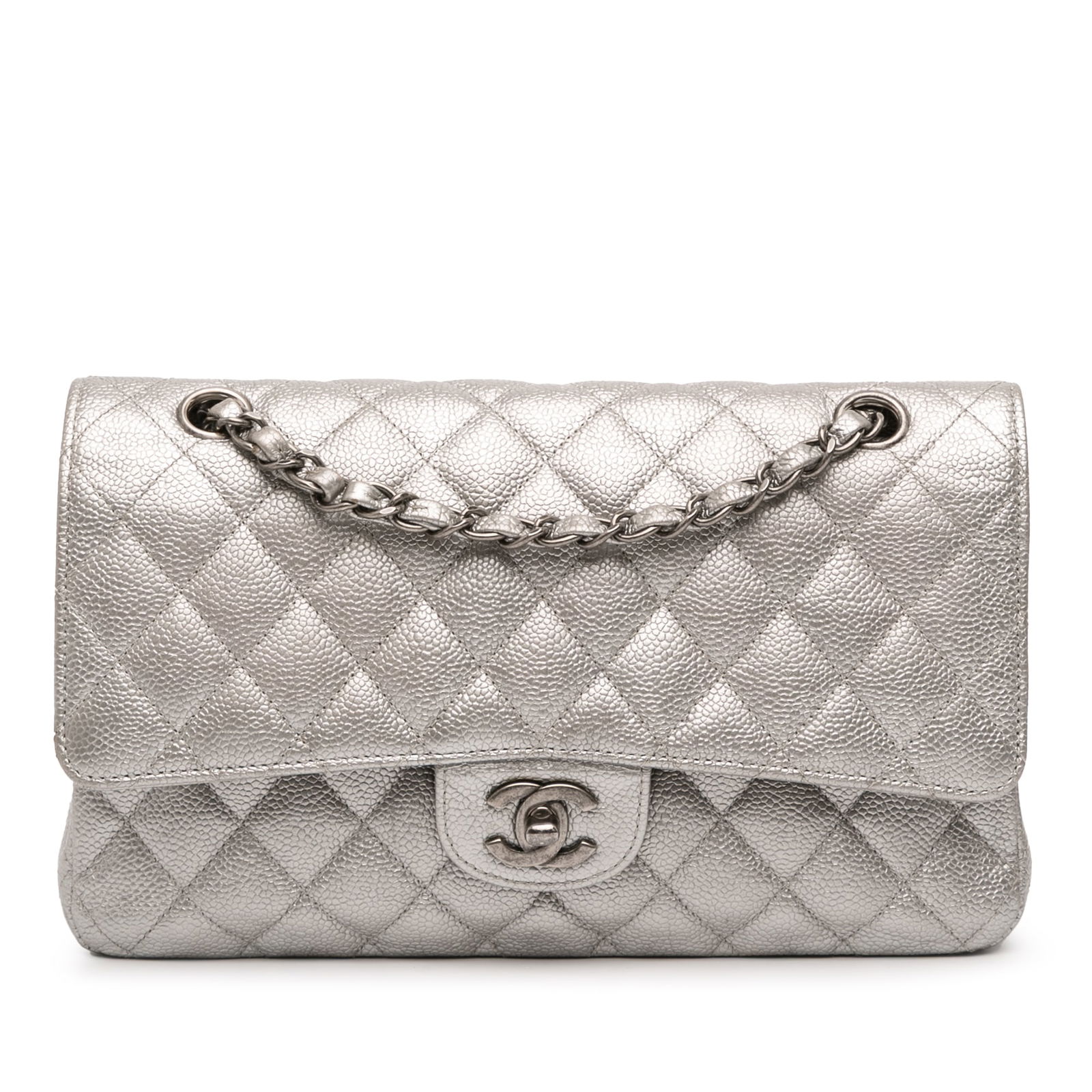 Chanel Medium Classic Iridescent Caviar Double Flap Shoulder Bag: Chanel Medium Classic Iridescent Caviar Double Flap Shoulder Bag Elevate your style with the Chanel Medium Classic Iridescent Caviar Double Flap shoulder bag. This luxurious piece is crafted from quil