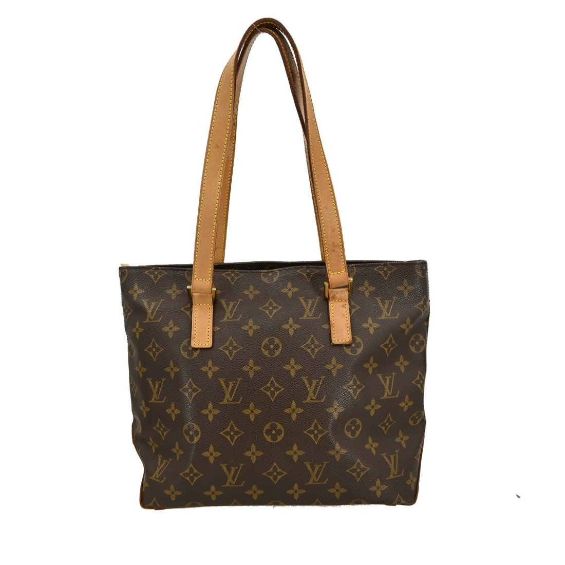 Pre-Owned Louis Vuitton Cabas Piano Tote Bag in Brown: Pre-Owned Louis Vuitton Cabas Piano Tote Bag in Brown This pre-owned Louis Vuitton Cabas Piano tote bag features a brown exterior with some signs of use, including scuffs, scratches, suntanned areas,