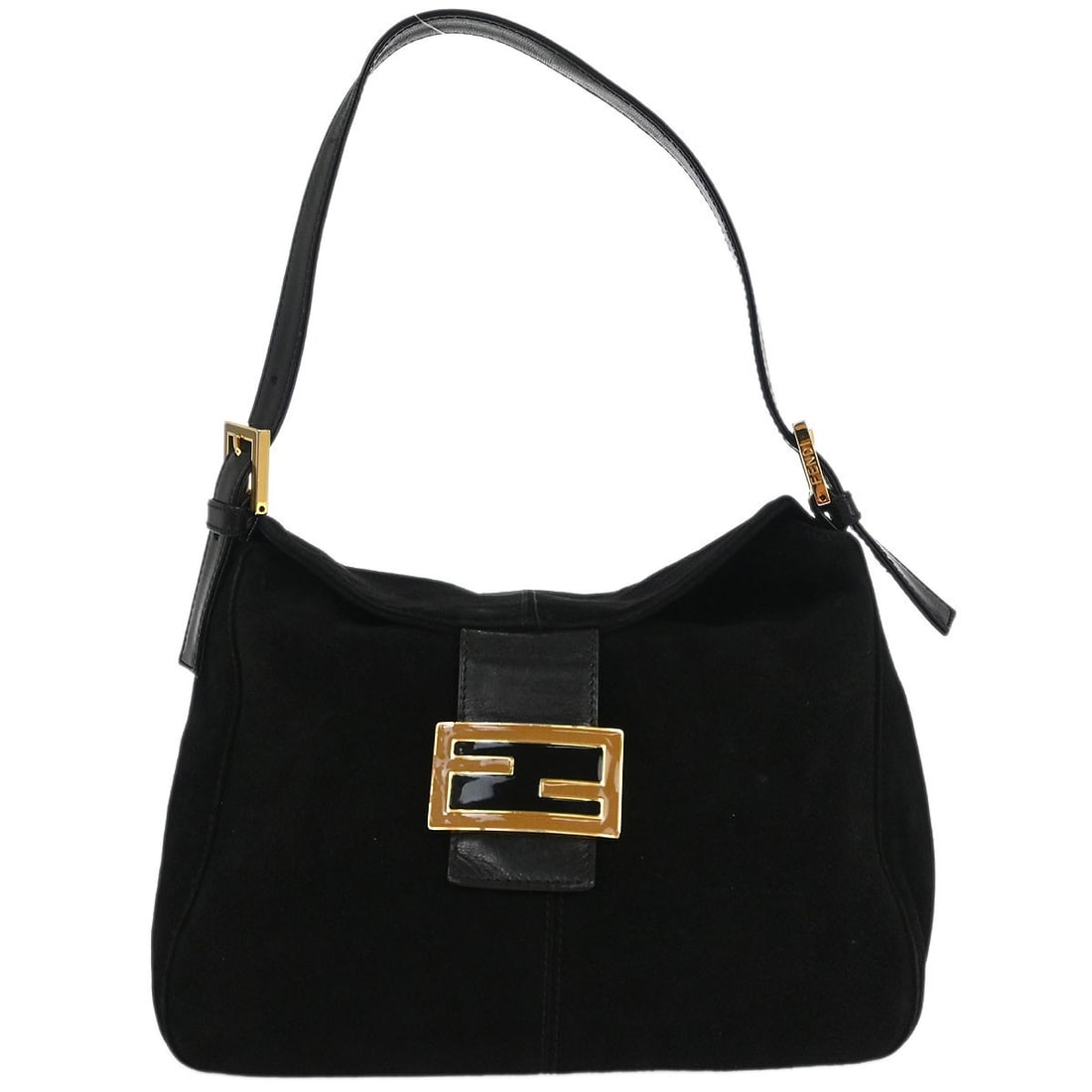 Black Suede Fendi Shoulder Handbag with Gold Hardware and Logo Accents (1 of 10)