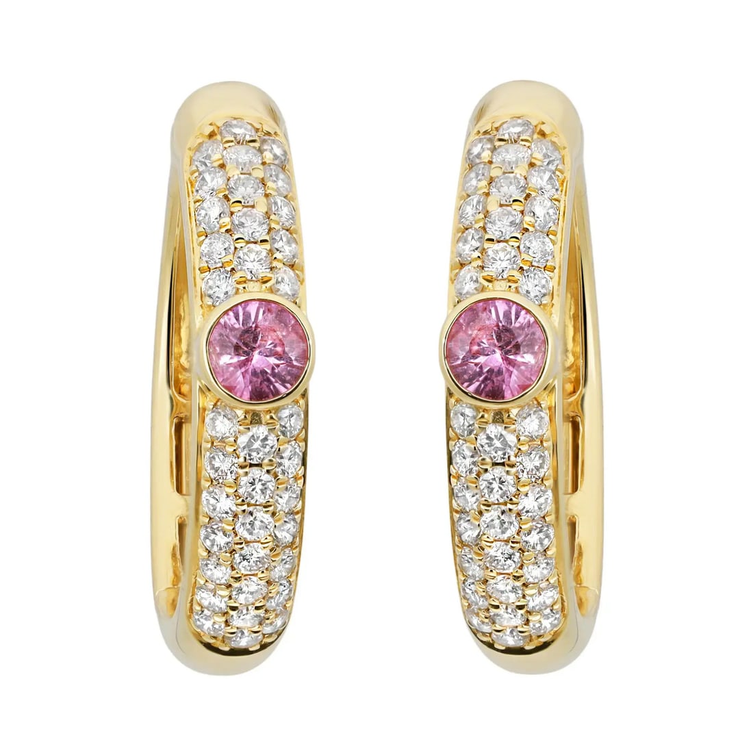Rachel Koen 14K Yellow Gold Pink Sapphire Diamond Hoop Earrings 1.20 Ctw (1 of 4)