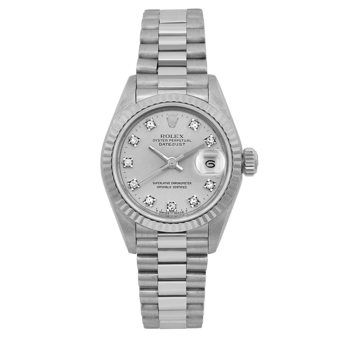 Rolex Lady-Datejust 18K White Gold Diamond Dial Automatic Watch 69179: Rolex Lady-Datejust 18K White Gold Diamond Dial Automatic Watch 69179 Introducing the Rolex Lady-Datejust, a stunning timepiece crafted from 18K white gold. This luxurious wristwatch features a silver