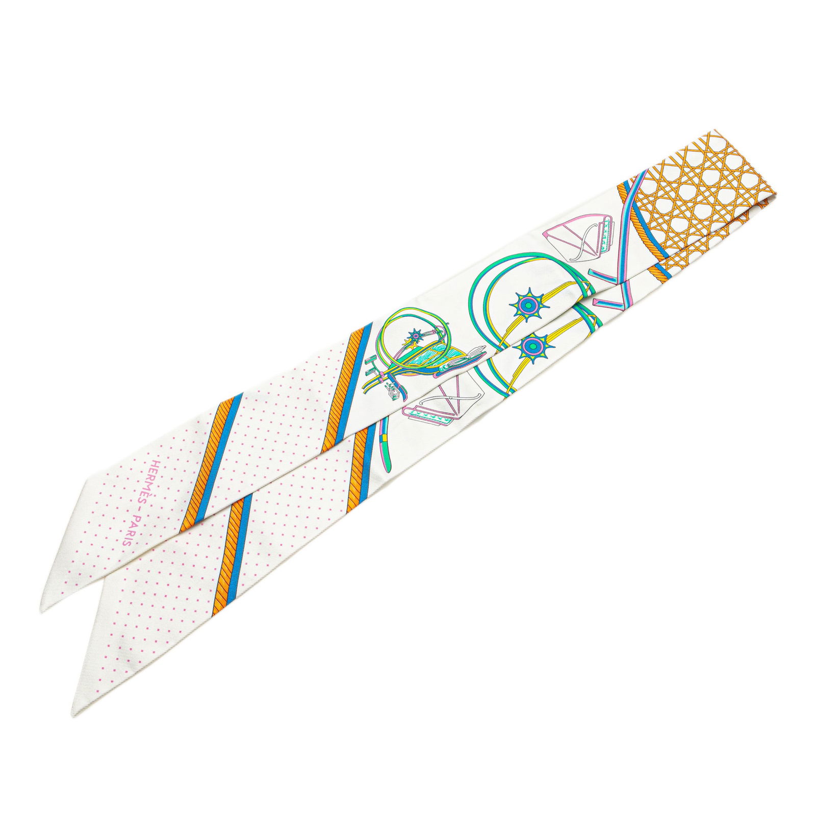 Hermes Les Voitures a Transformation Silk Twilly Scarf 100% Silk White: Hermes Les Voitures a Transformation Silk Twilly Scarf 100% Silk White This exquisite Hermes twilly scarf showcases the iconic Les Voitures a Transformation print, crafted from 100% luxurious silk. Or