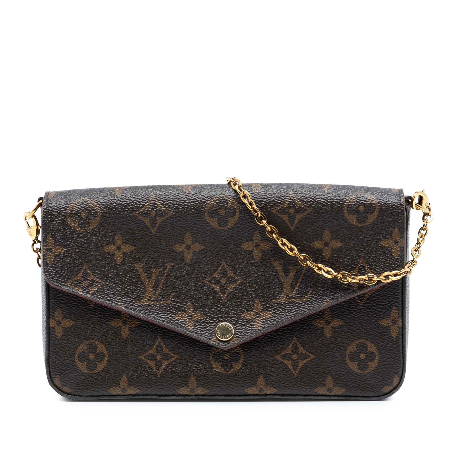 Louis Vuitton Felicie Crossbody Monogram Canvas Bag with Gold Chain Strap: Louis Vuitton Felicie Crossbody Monogram Canvas Bag with Gold Chain Strap The Louis Vuitton Monogram Pochette Felicie is a crossbody bag crafted from signature monogram canvas in brown. It features a