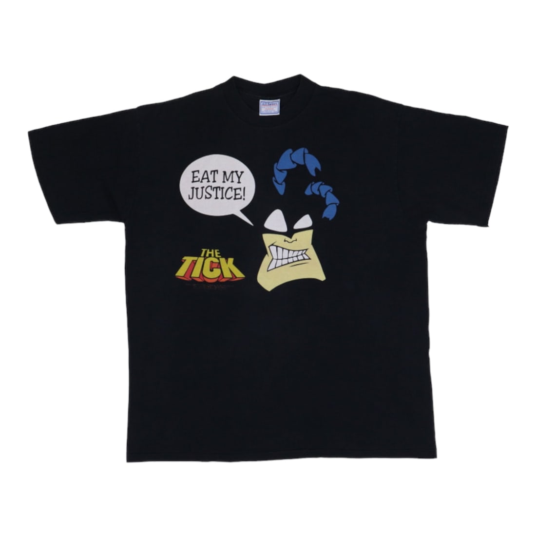 1996 Vintage The Tick Eat My Justice Black Cotton Shirt: 1996 Vintage The Tick Eat My Justice Black Cotton Shirt Discover the charm of the 1996 The Tick Eat My Justice Shirt, a genuine vintage piece from the 1990s. Crafted from 100% cotton, this black shirt